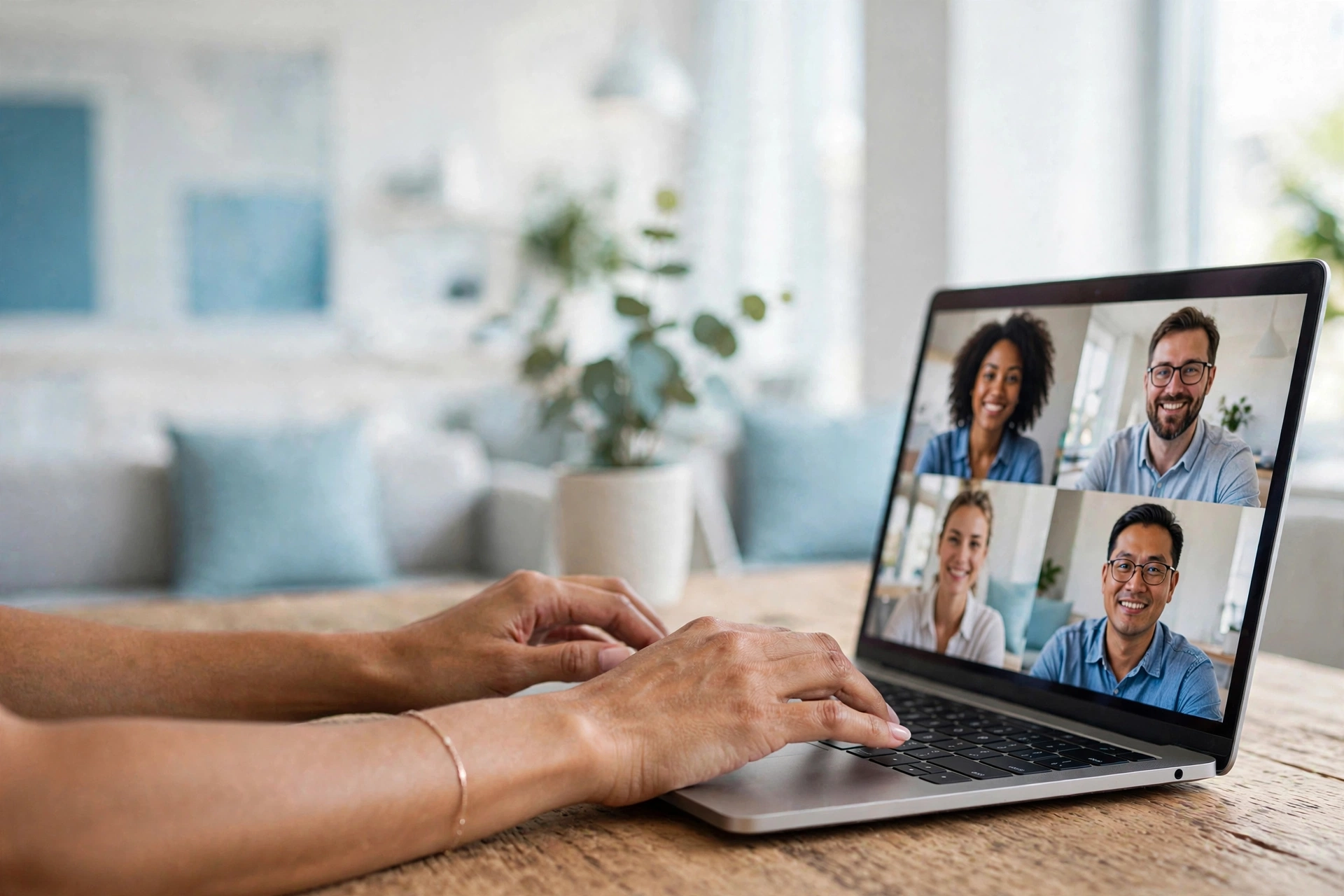 Hands typing on a laptop showing a community video call