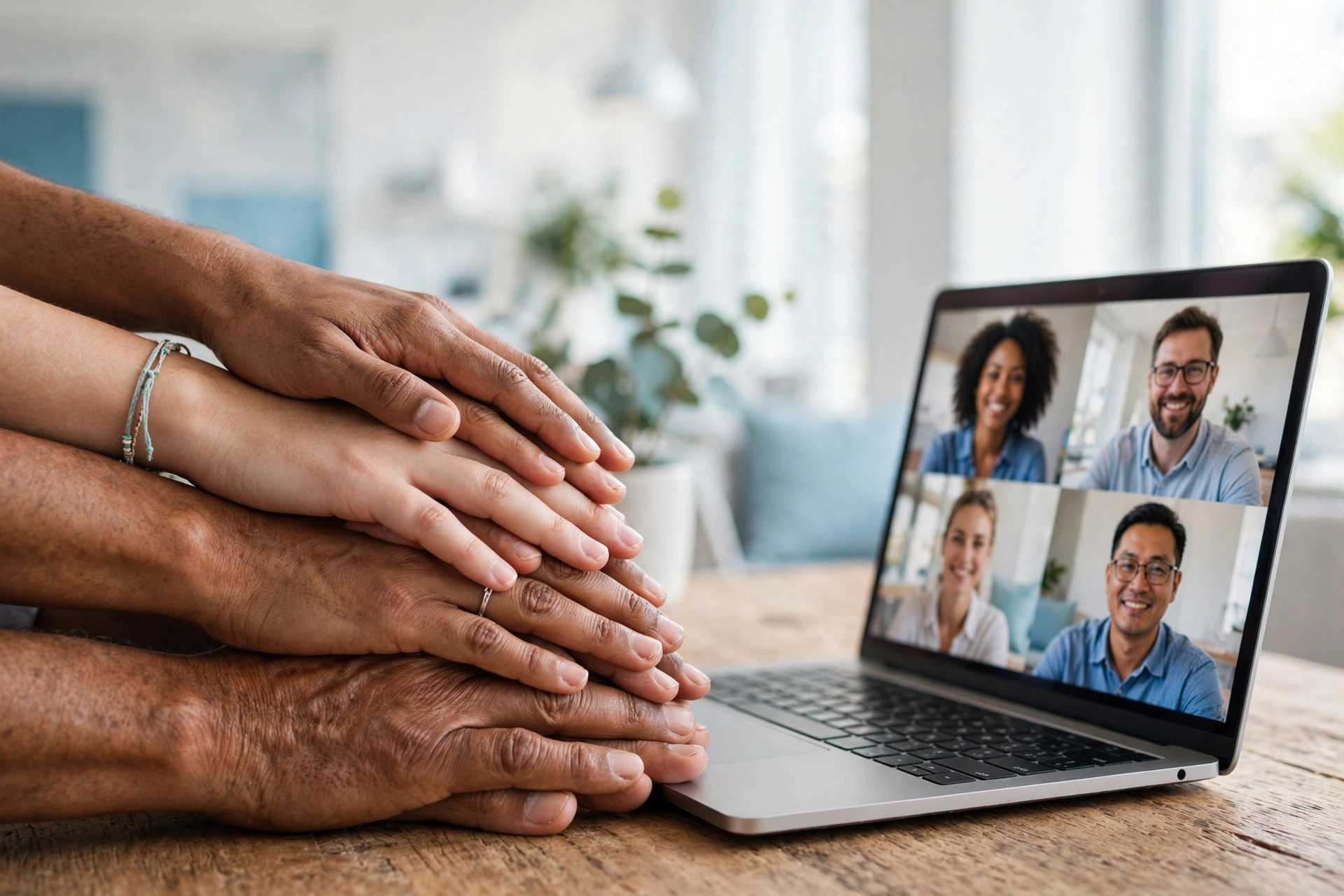 Diverse hands joined together over a table beside a laptop video call