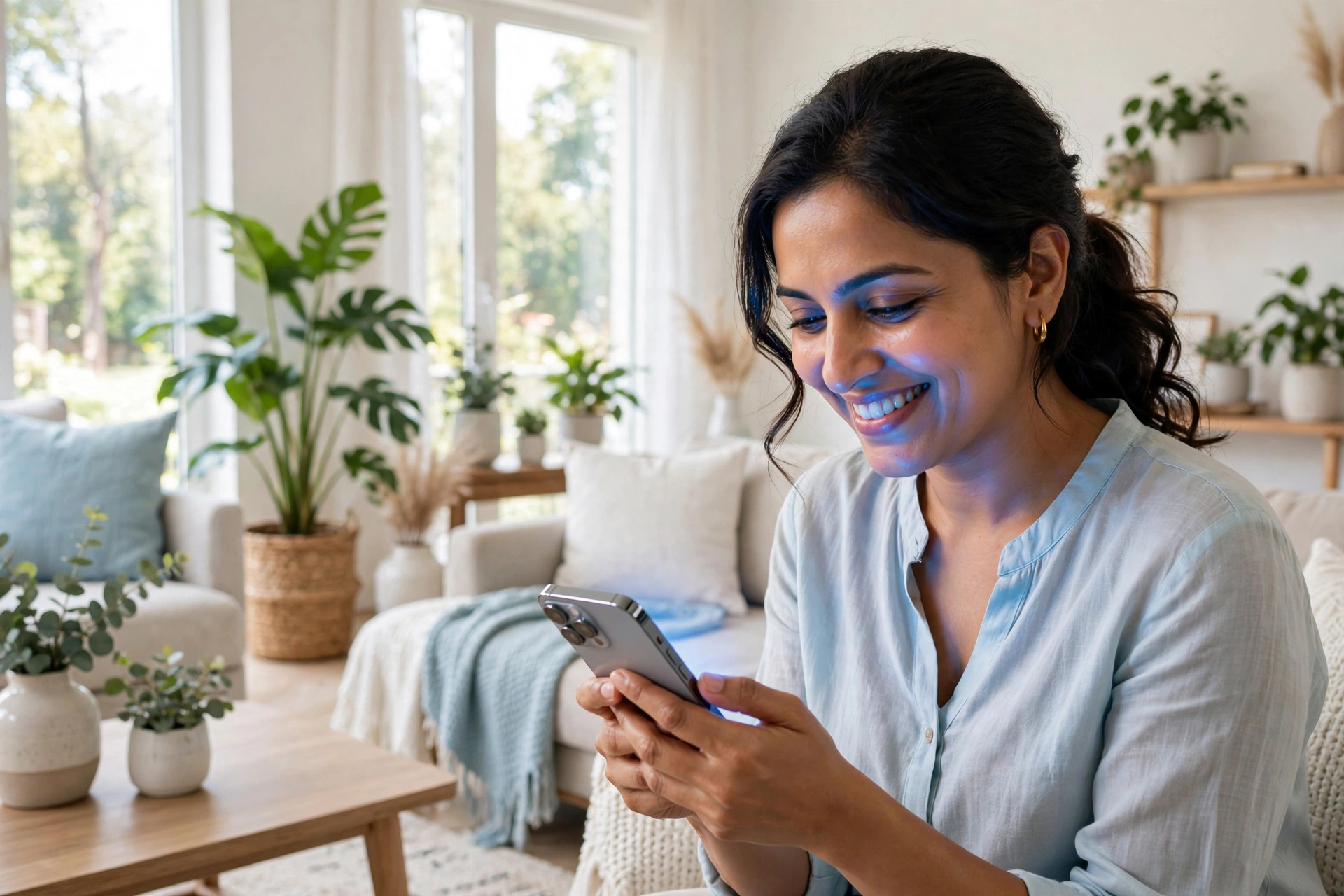 Woman smiling at her phone in a bright living room