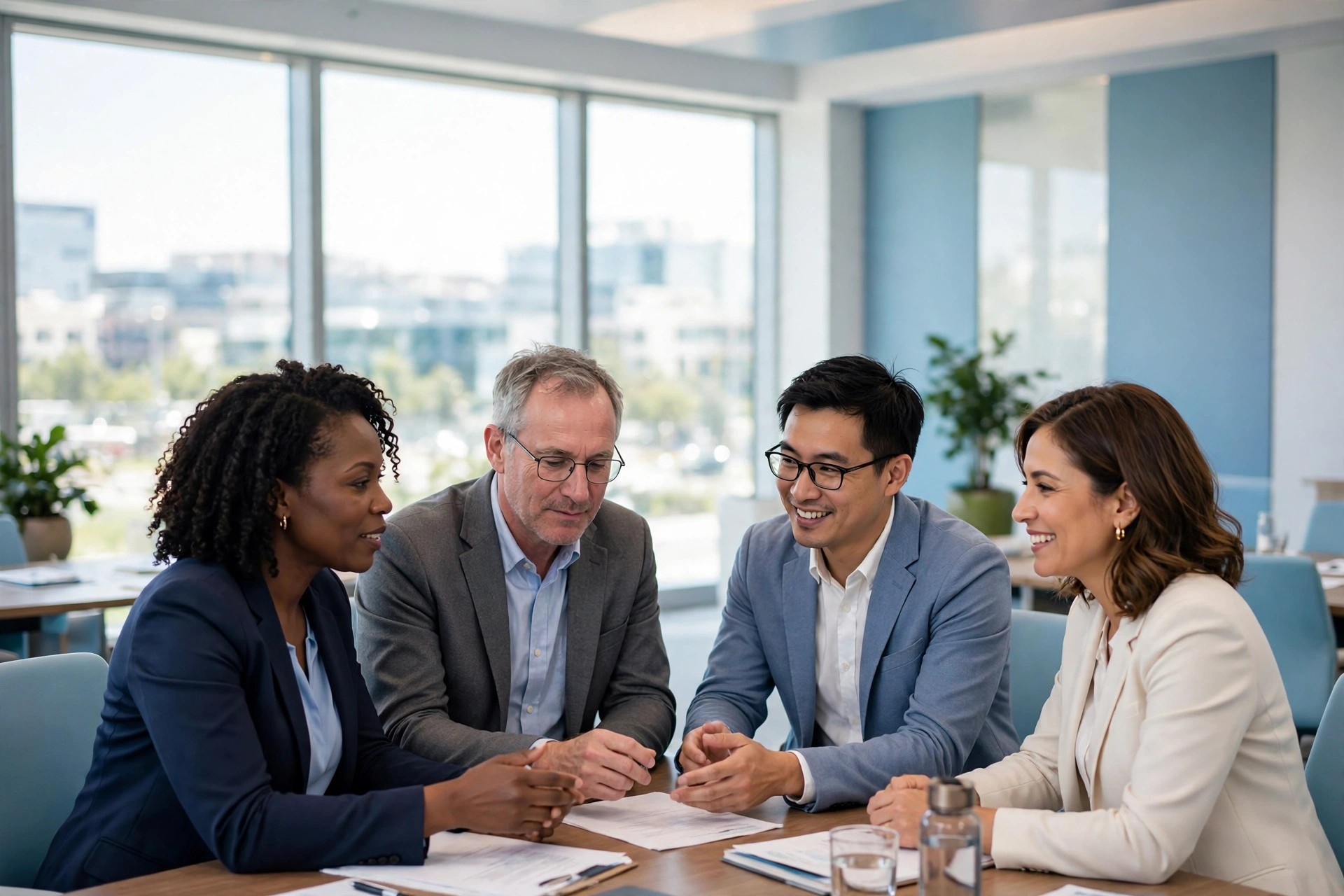 Diverse public officials collaborating in a bright meeting room