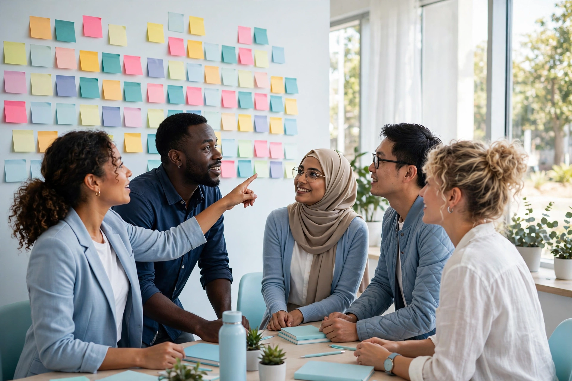 Diverse team collaborating at a wall of sticky notes