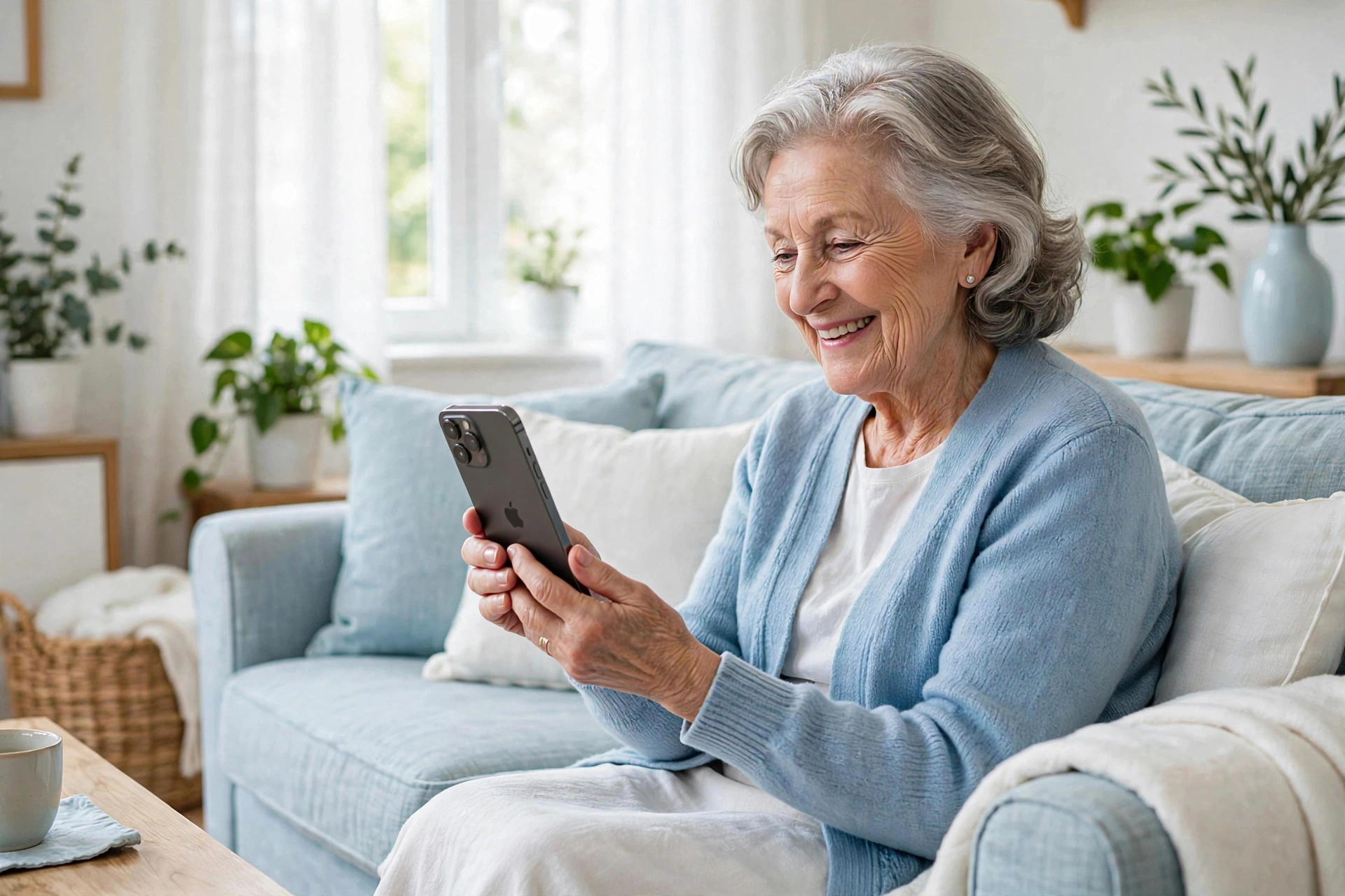 Senior woman smiling while using a smartphone with large text