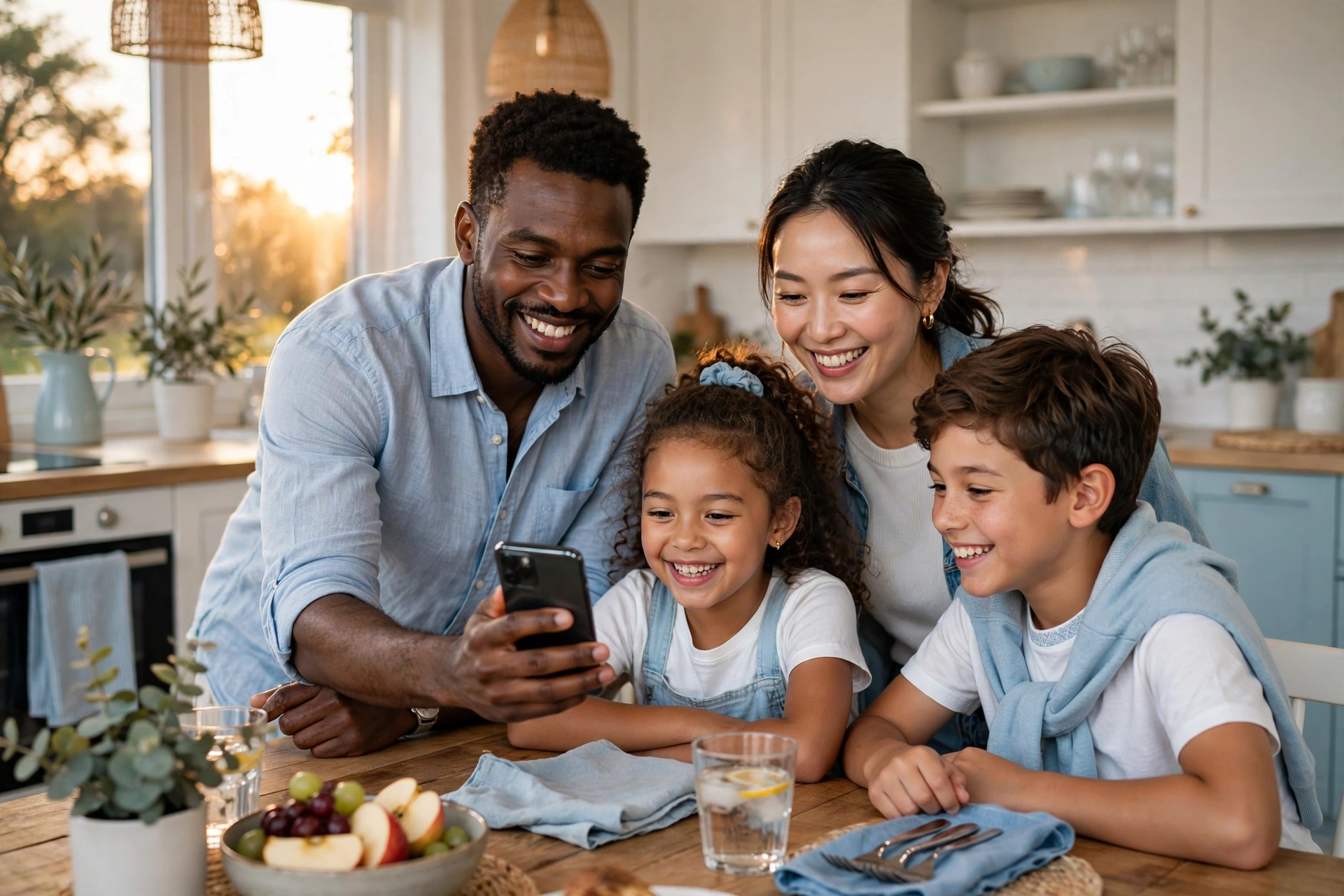 Family around a kitchen table, father showing a smartphone