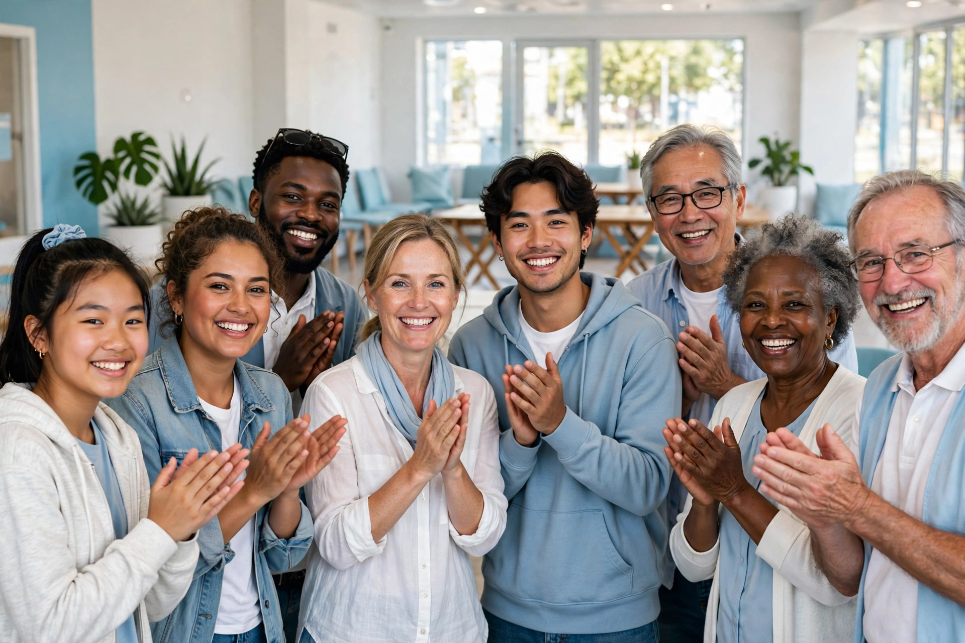 Diverse volunteers applauding together in a community center