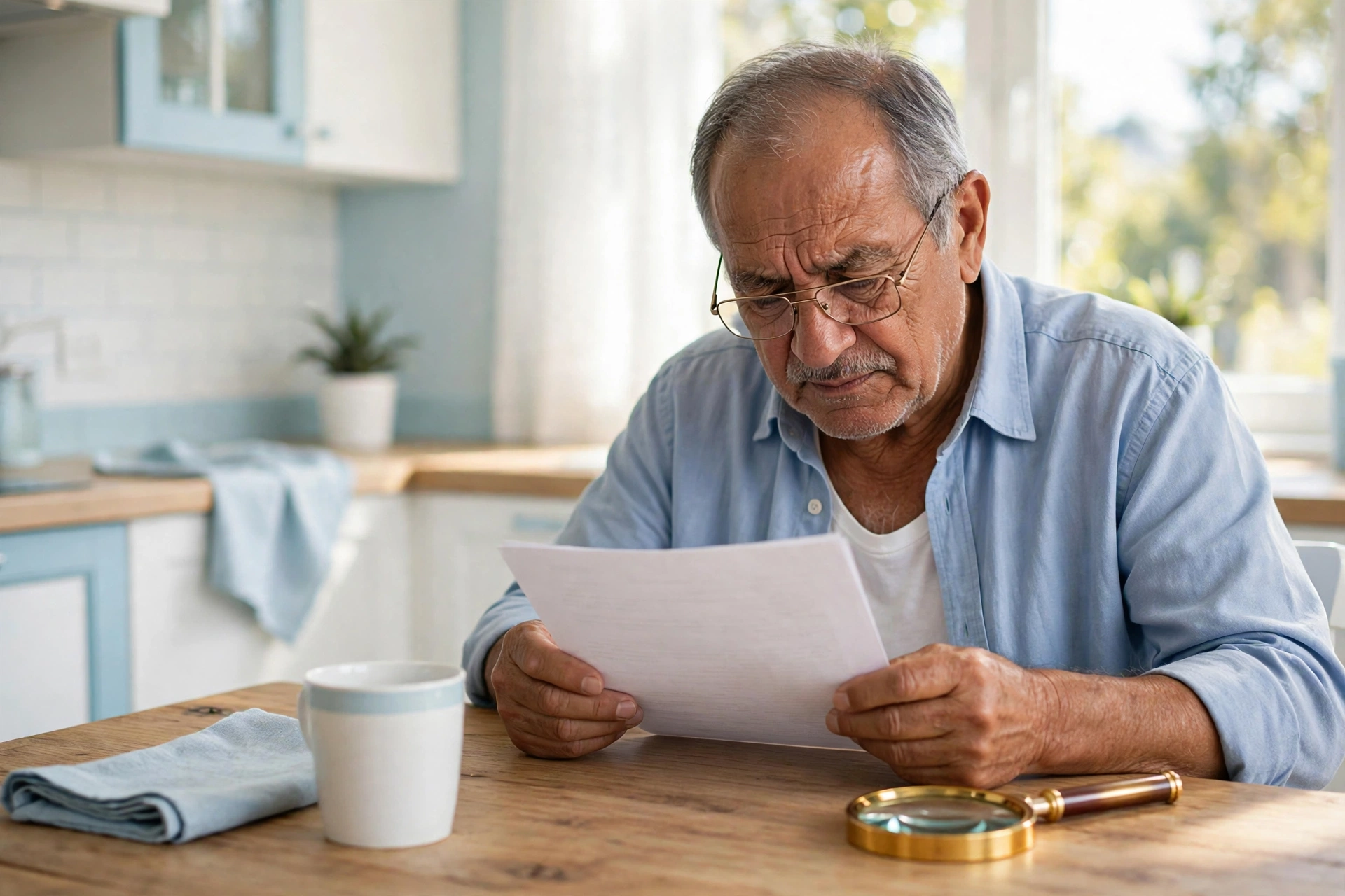Senior Hispanic man reading a tiny-print official letter with a magnifying glass