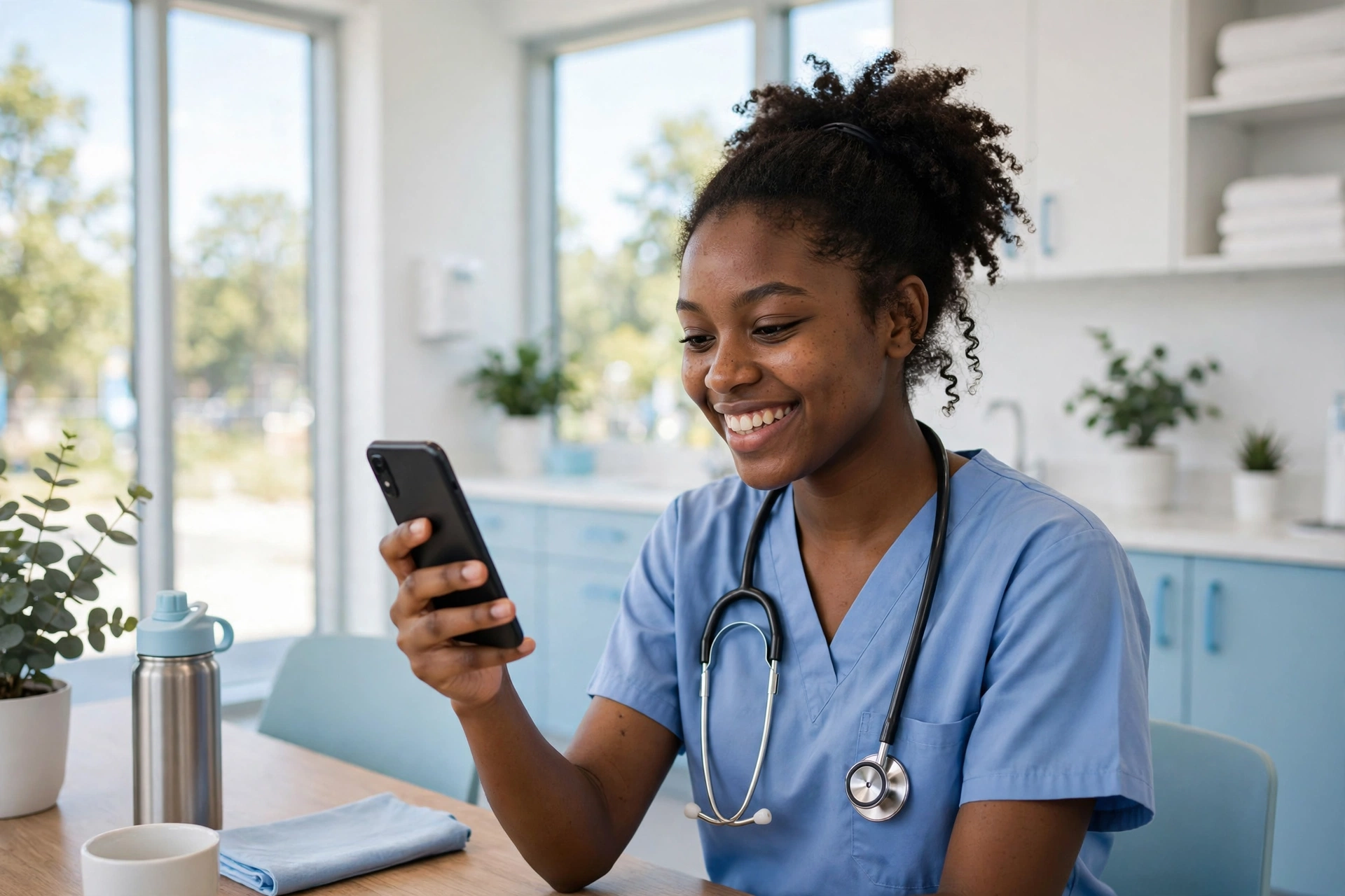 Young nurse on a night-shift break smiling during a video call