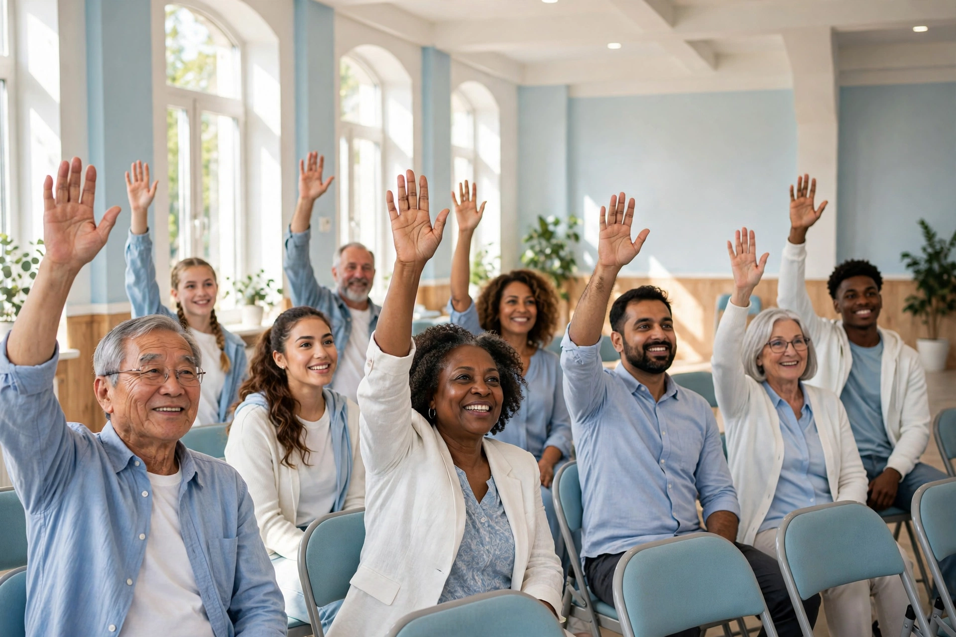 Diverse residents raising their hands at a bright community hall meeting