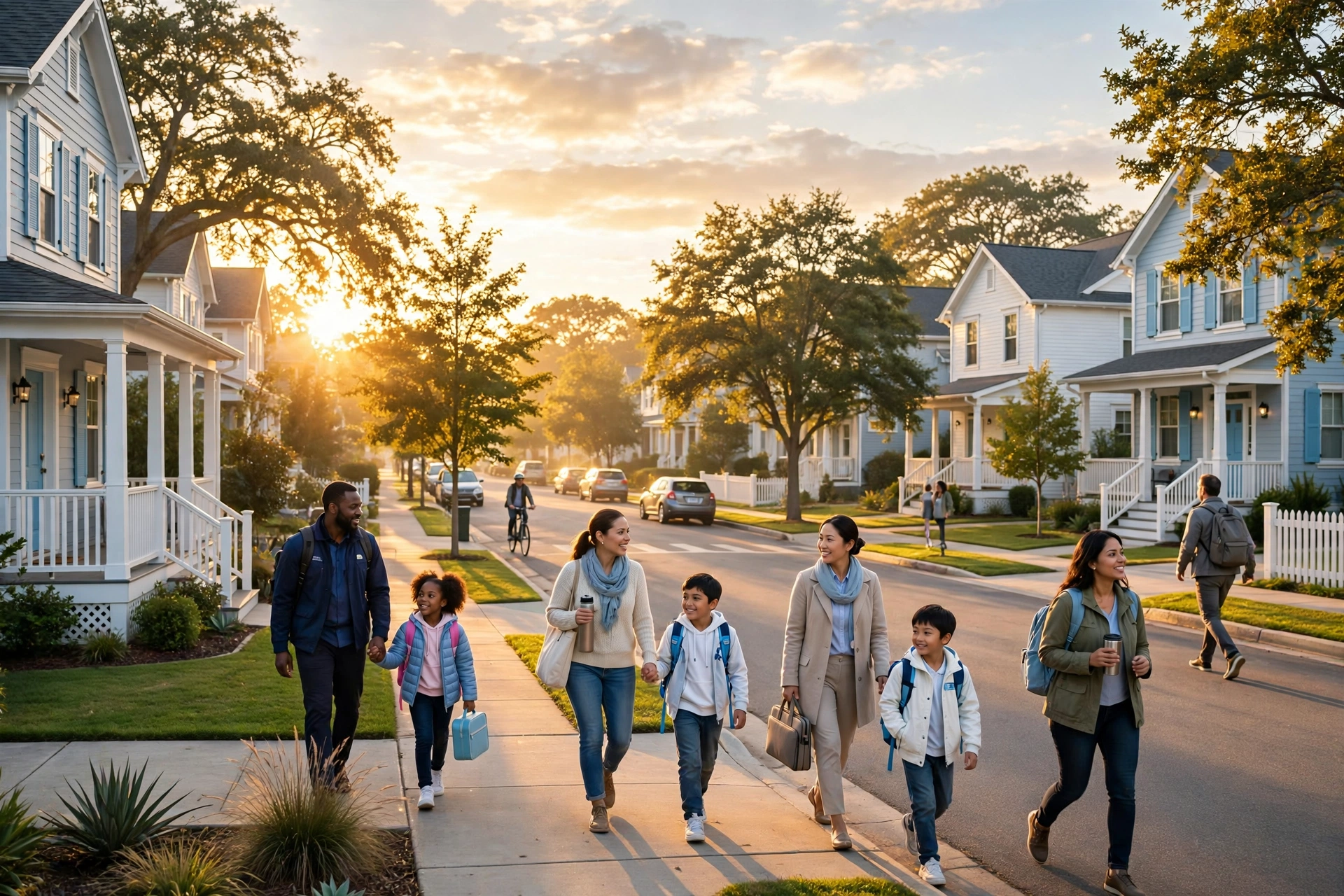 Sunrise over a diverse American neighborhood