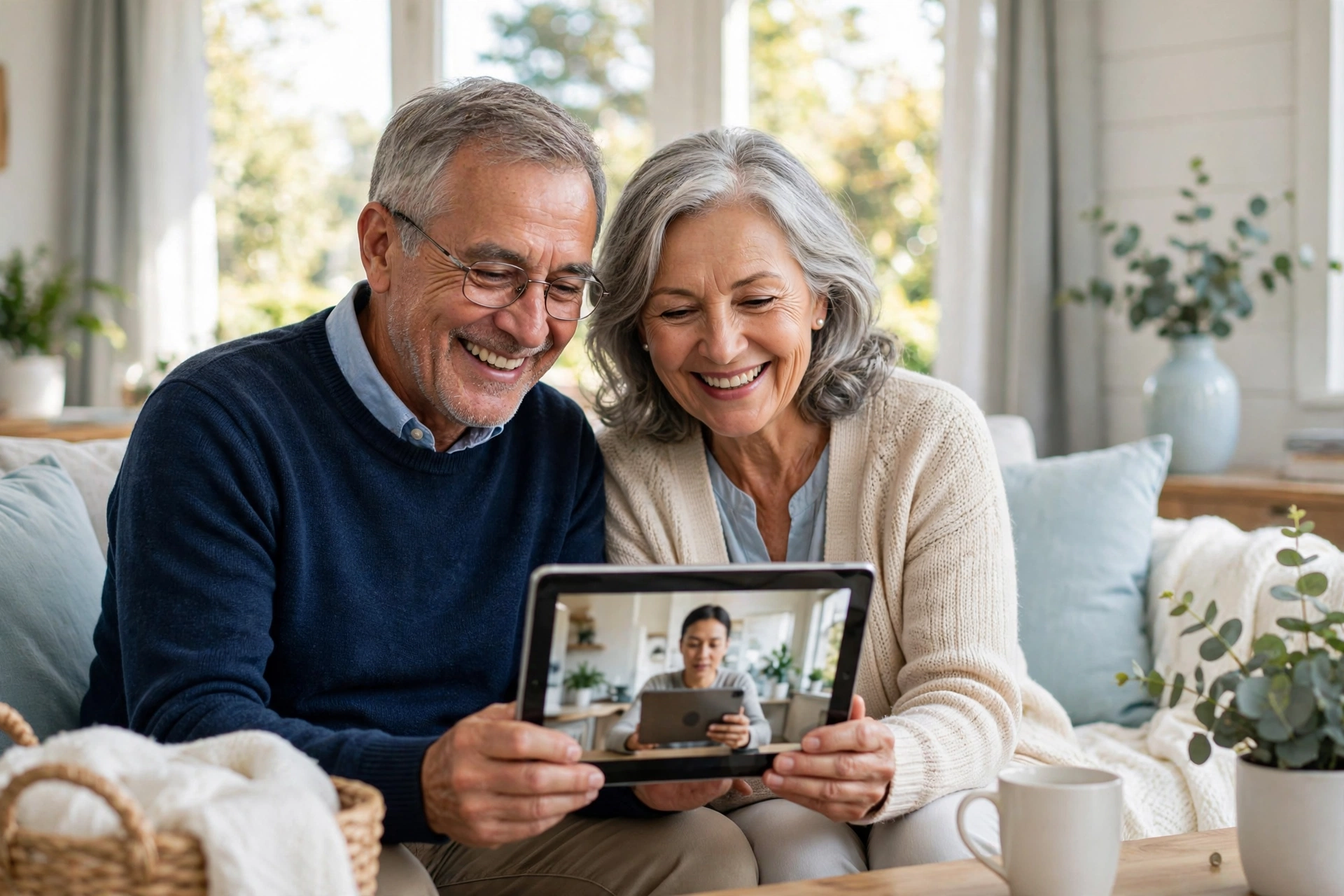 Older couple smiling at a tablet town hall on their couch