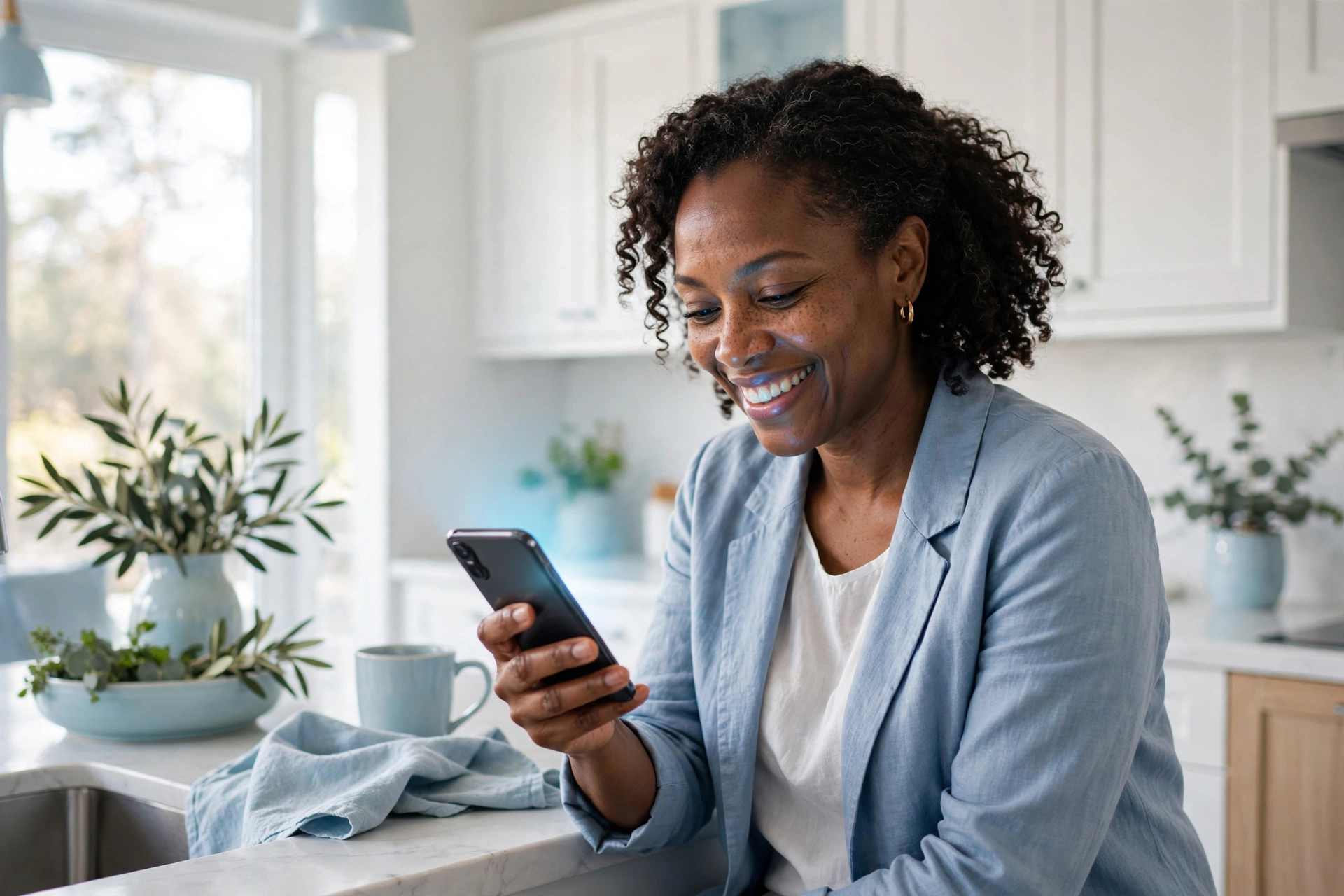 Woman smiling at her smartphone in a bright kitchen