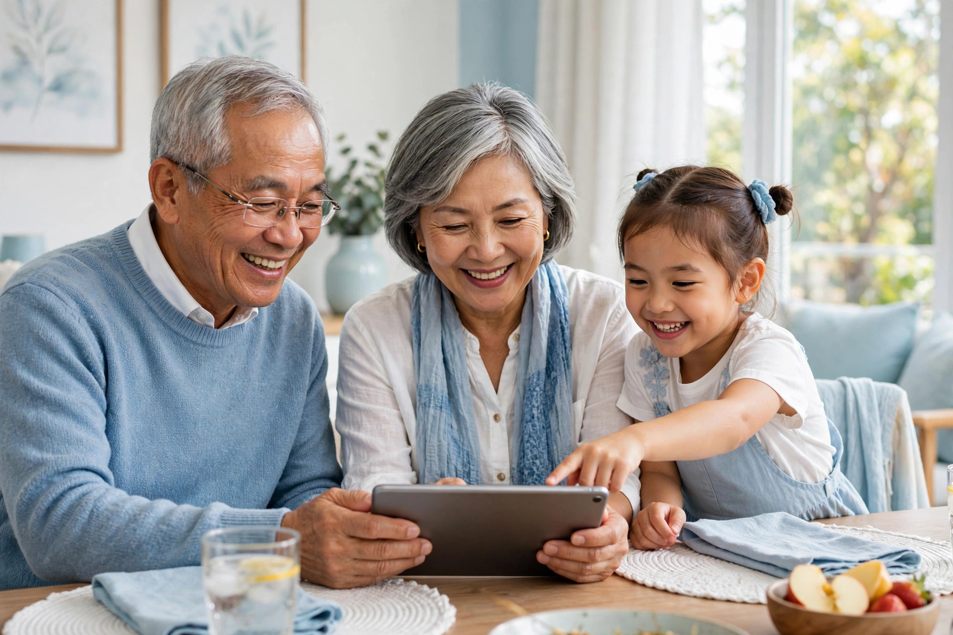 Granddaughter helping senior grandparents use a tablet