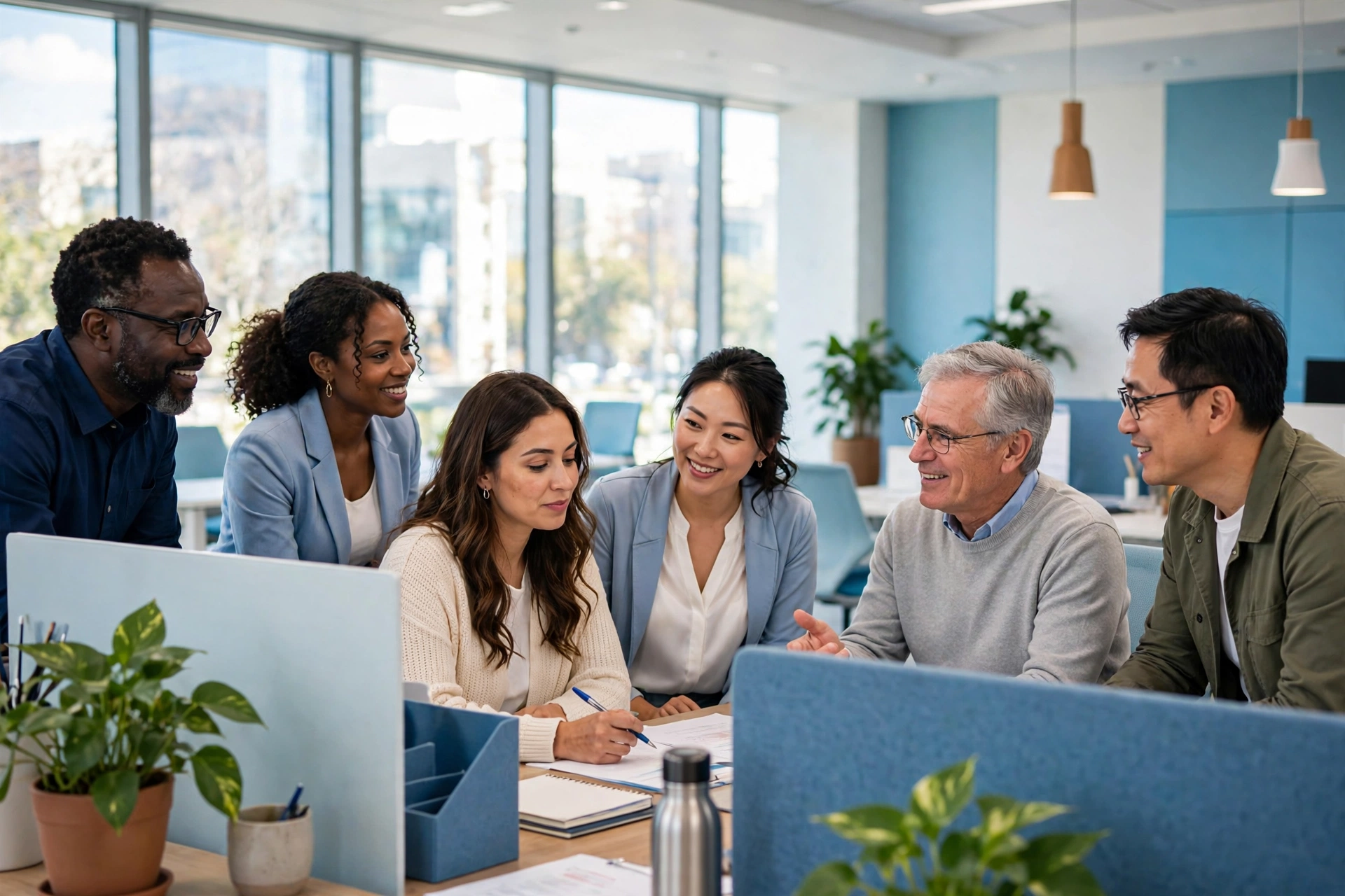 Diverse county office staff working together in a bright office