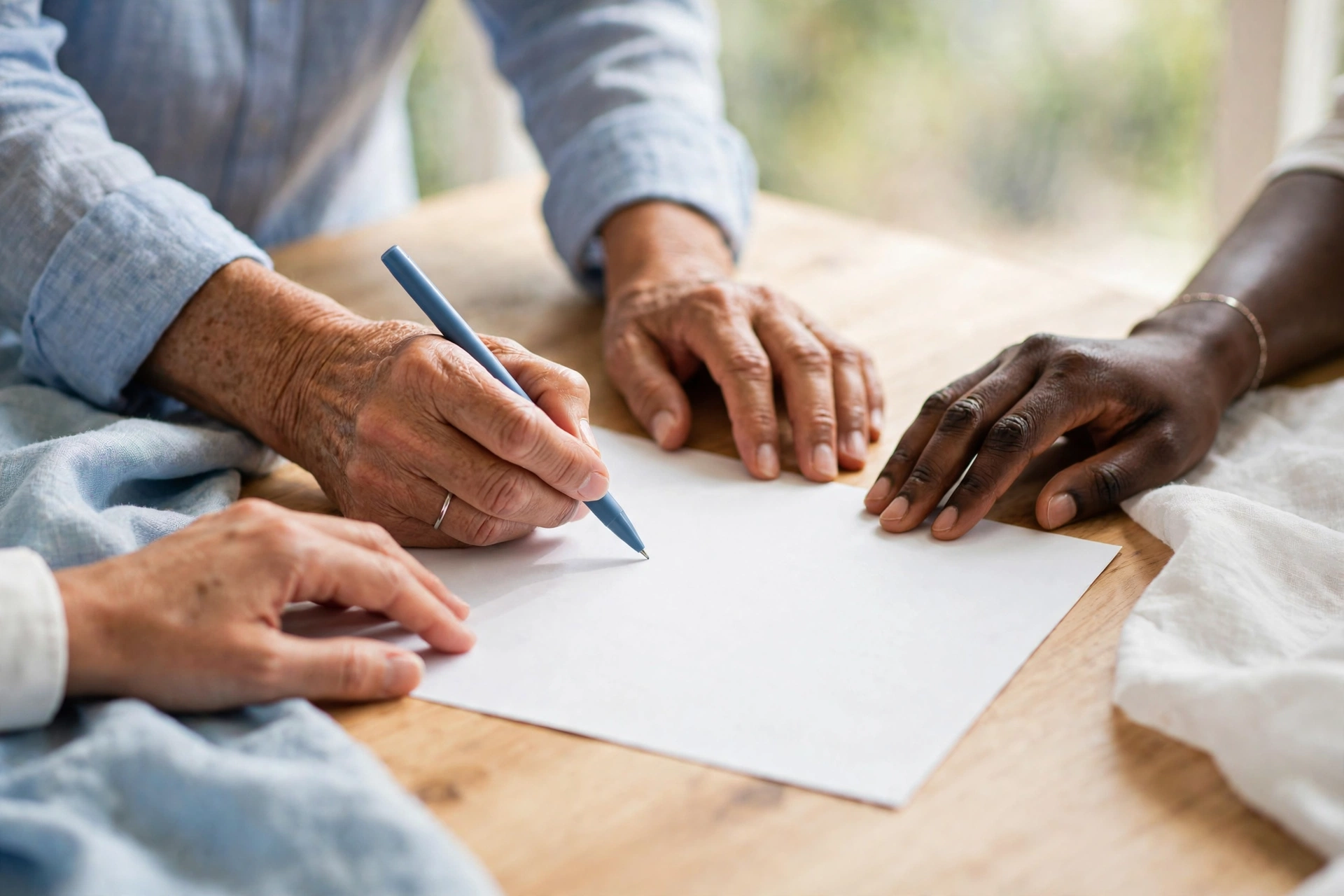 Diverse hands signing a document with a pen