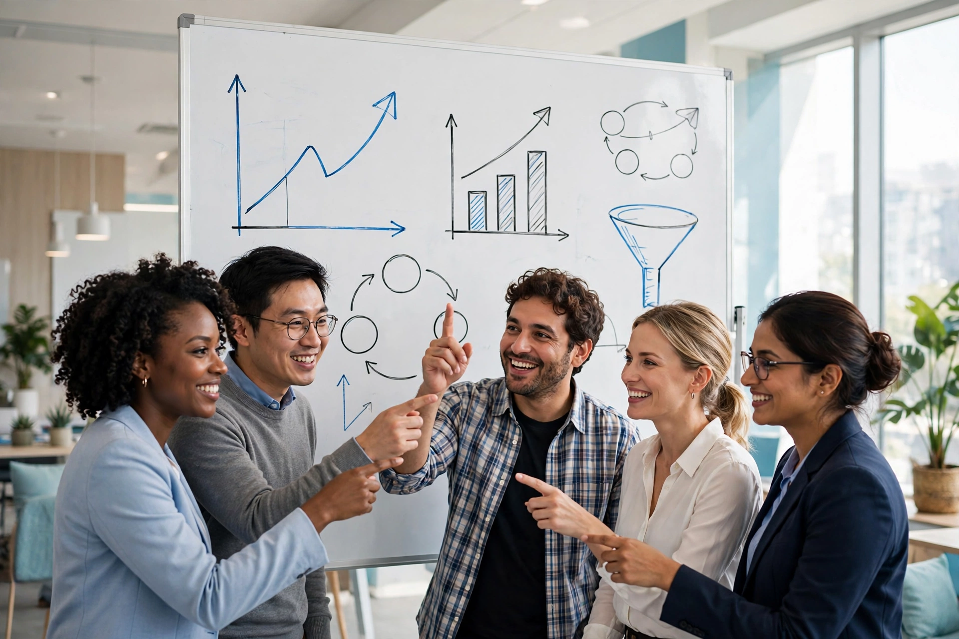 Diverse team at a whiteboard with upward-trending charts