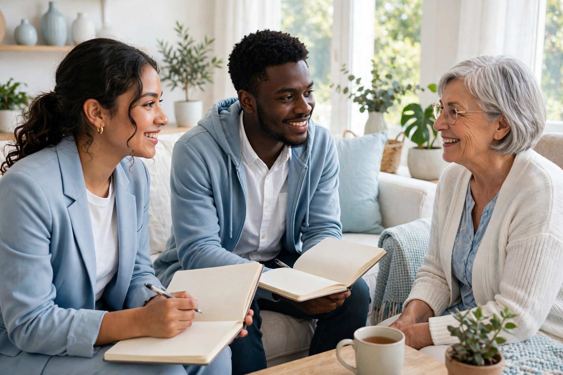 Researchers interviewing a senior resident in her bright living room