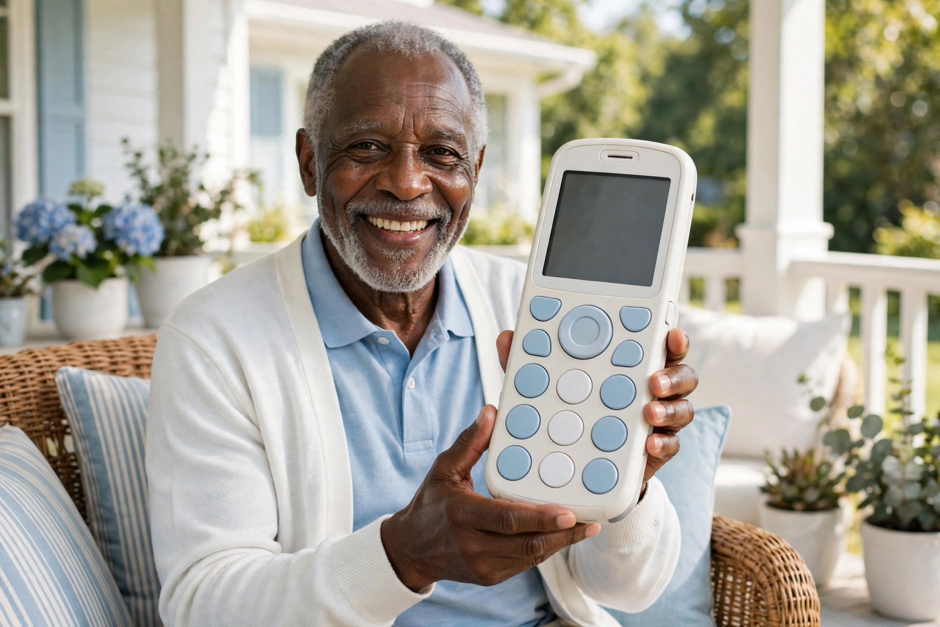 Senior man smiling with a large-button mobile phone on a sunny porch