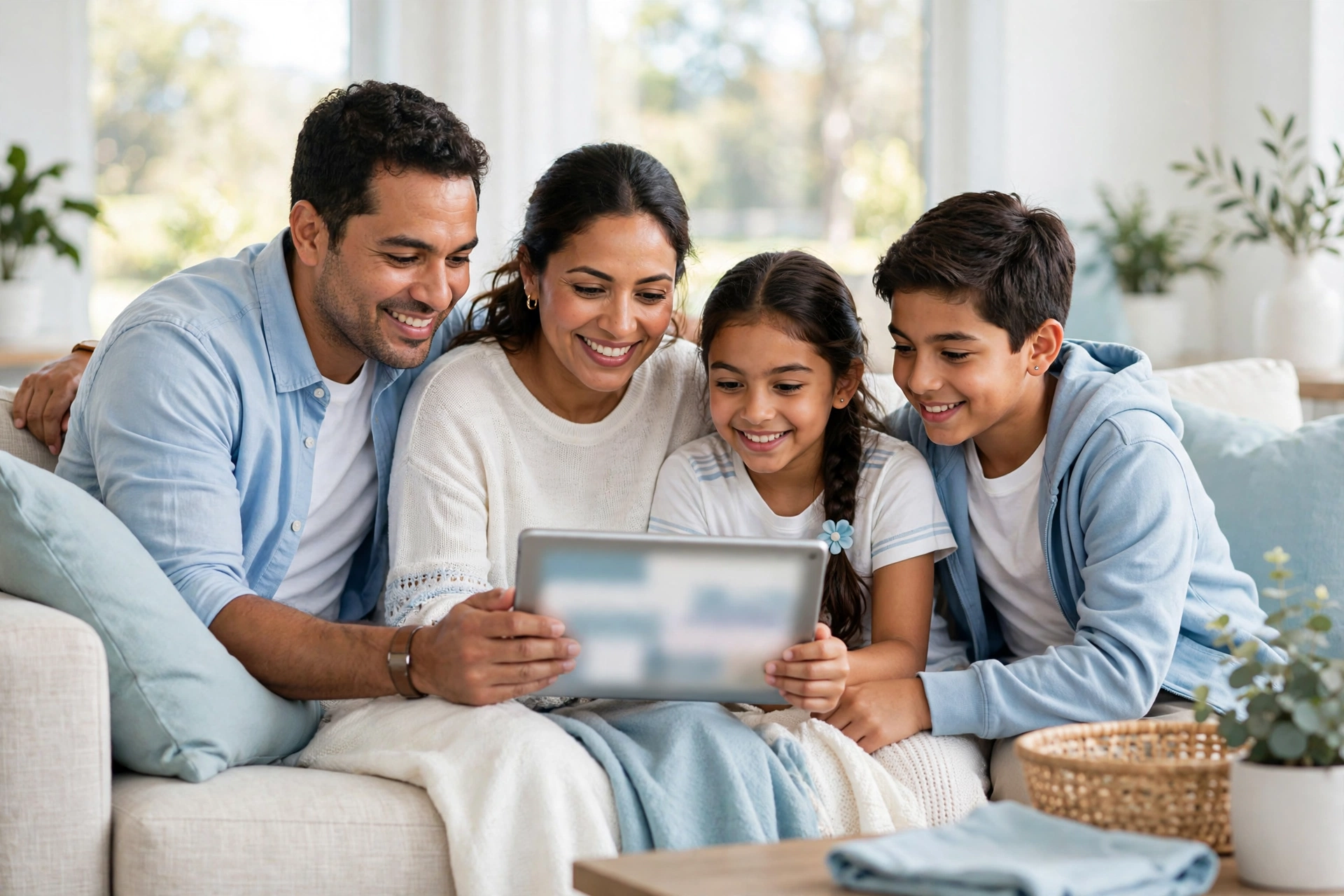 Hispanic family watching a tablet together on a couch