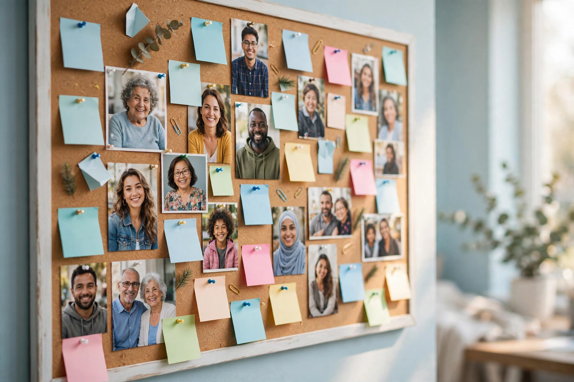 Community bulletin board with photos of diverse residents