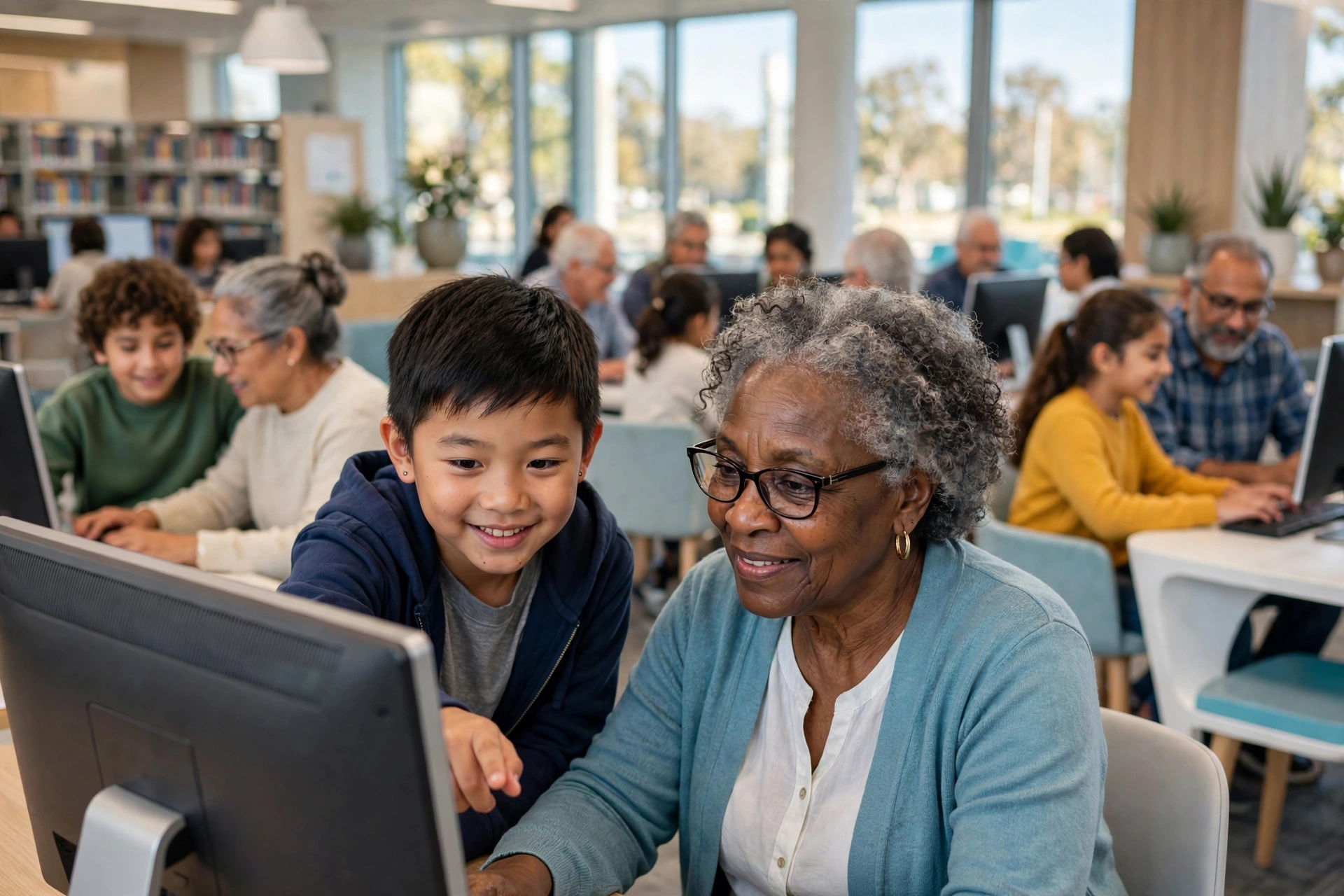 Children and seniors learning together at library computers