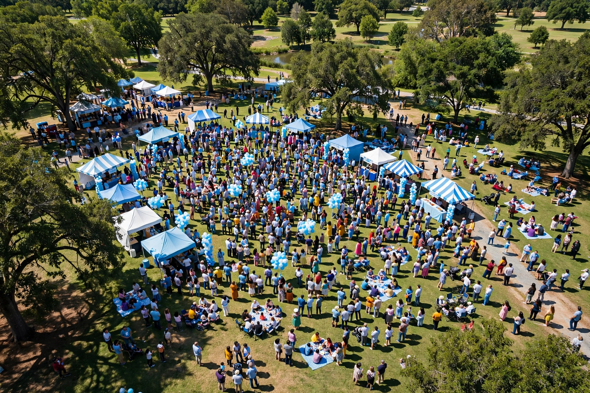 Aerial view of a diverse crowd at an outdoor town event