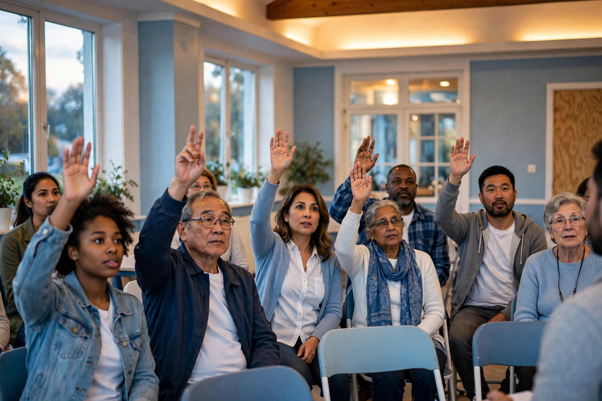 Diverse residents with raised hands at an evening town-hall meeting