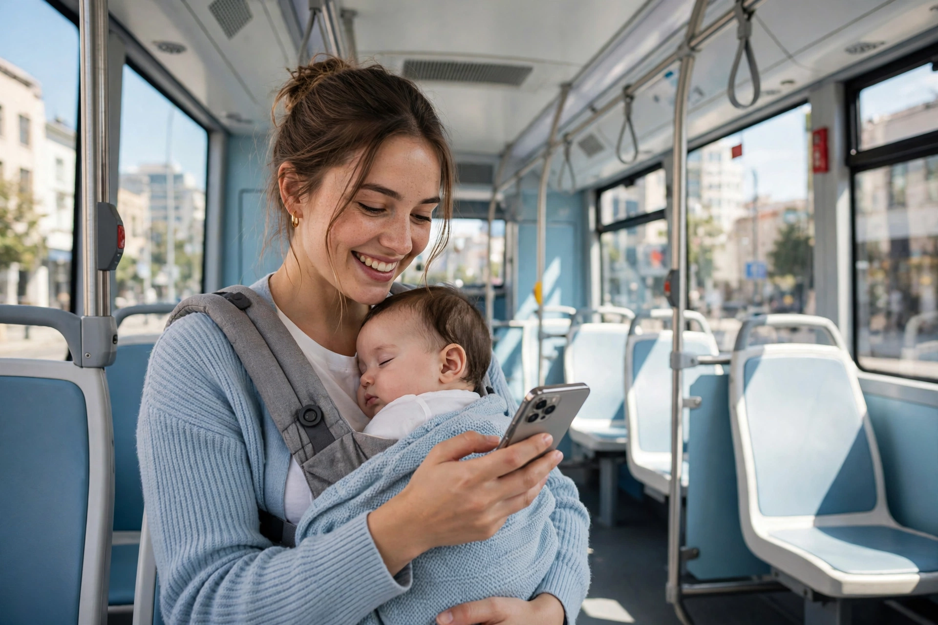 Young mother with baby on a bus smiling at her smartphone