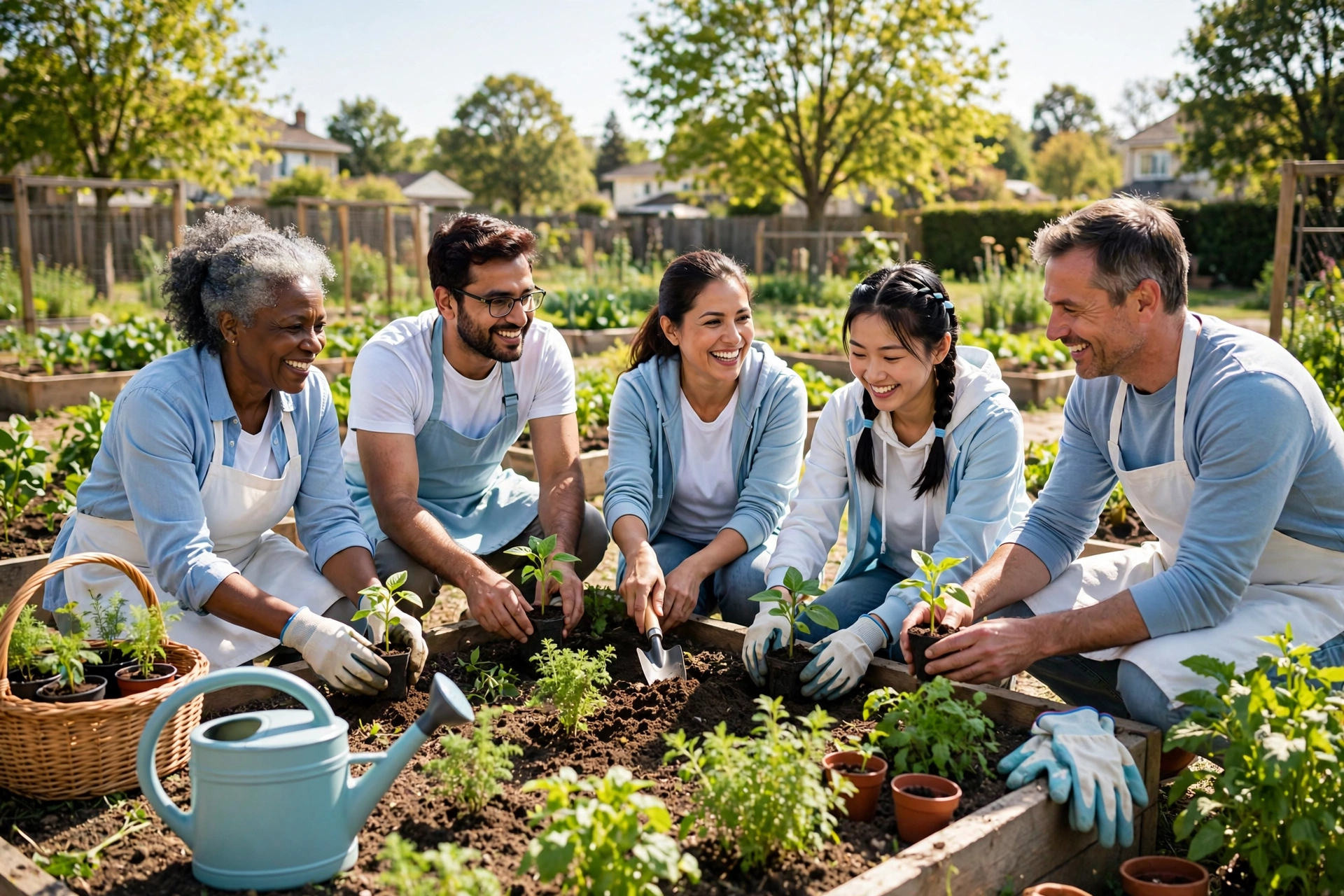 Diverse volunteers planting a community garden
