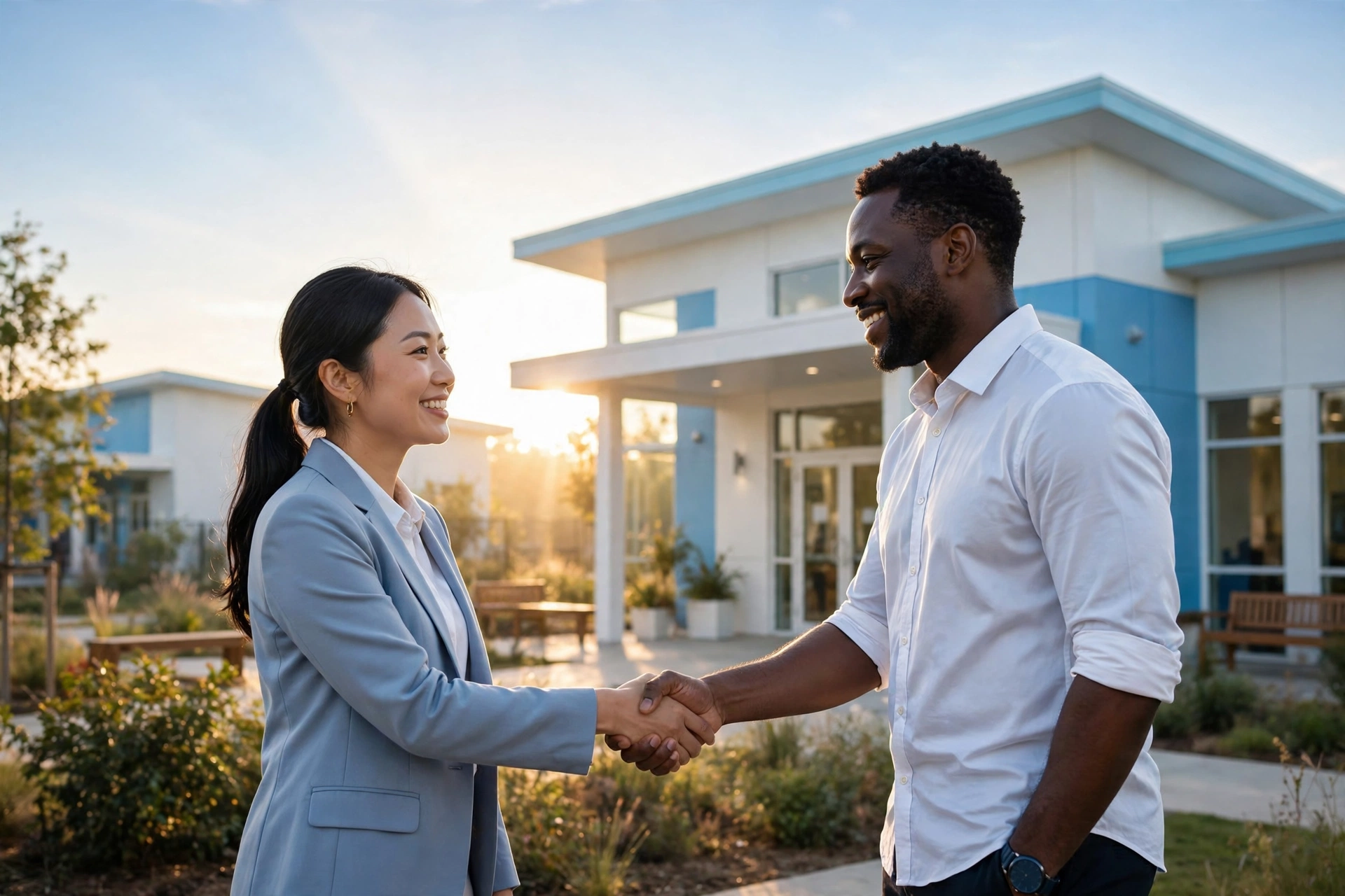 Two people of different backgrounds shaking hands at sunrise