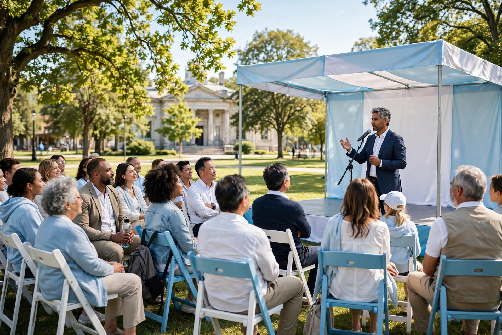 Outdoor town hall with speaker and diverse audience in a park