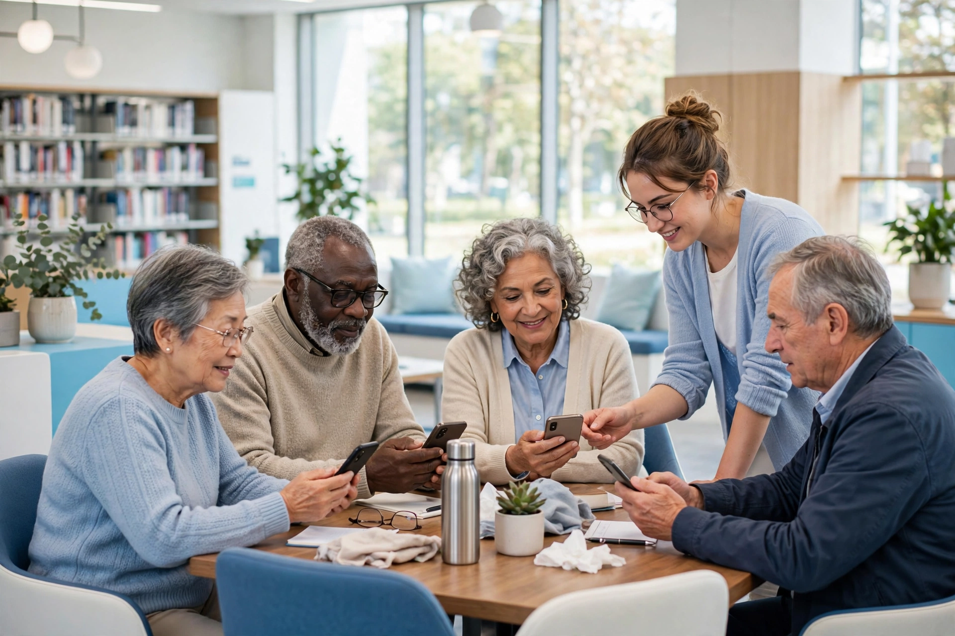 Diverse seniors learning smartphones at a library table