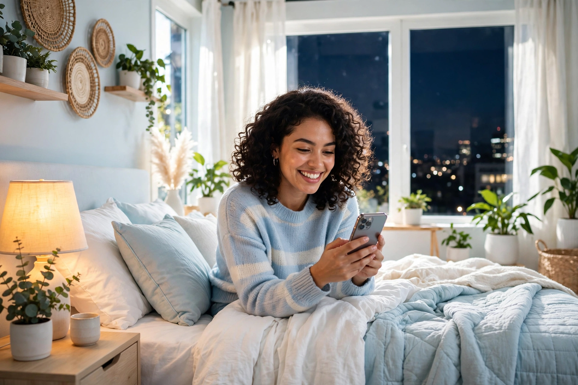 Young woman on a video call at night in a cozy bedroom
