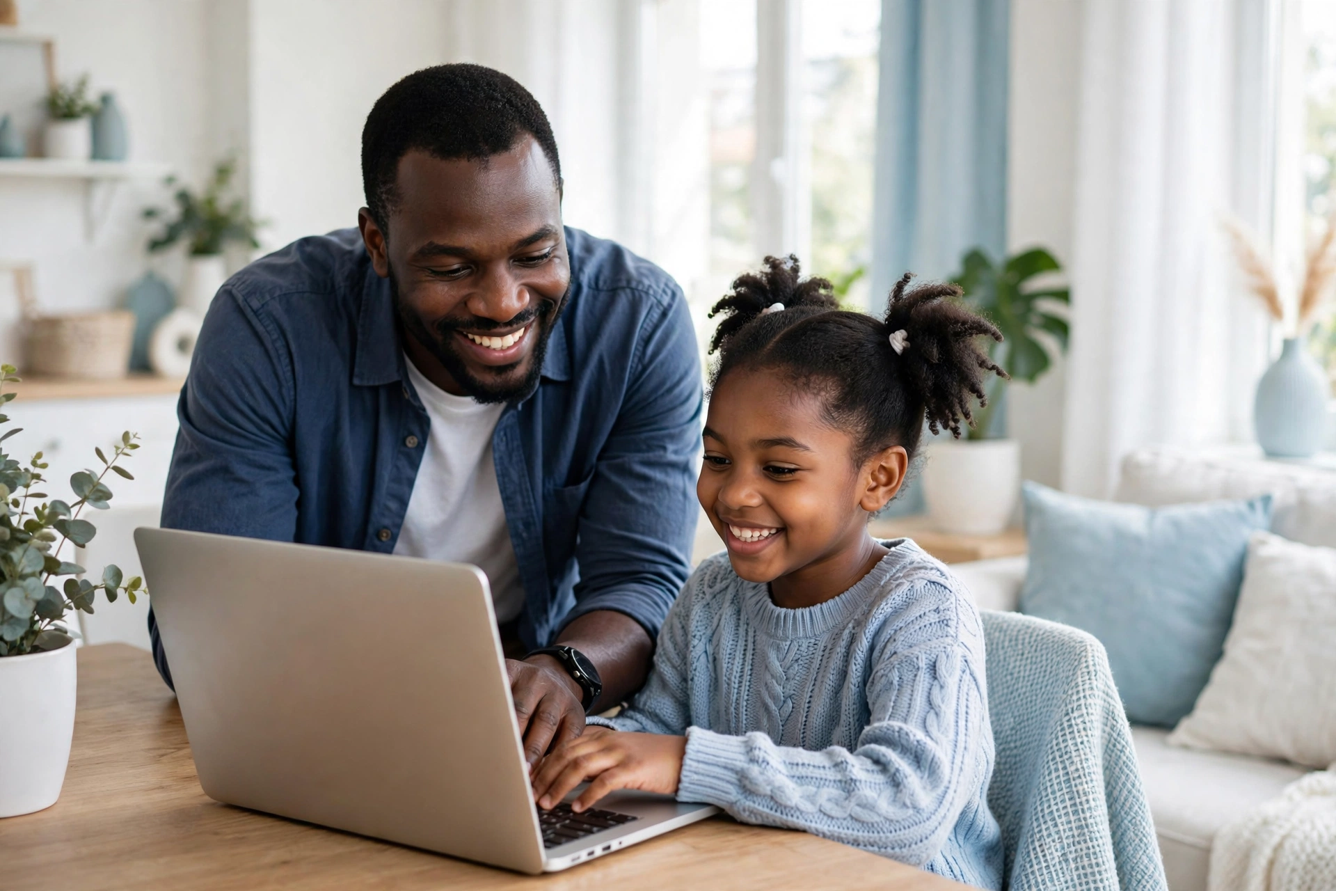 Father helping his young daughter with a laptop at home