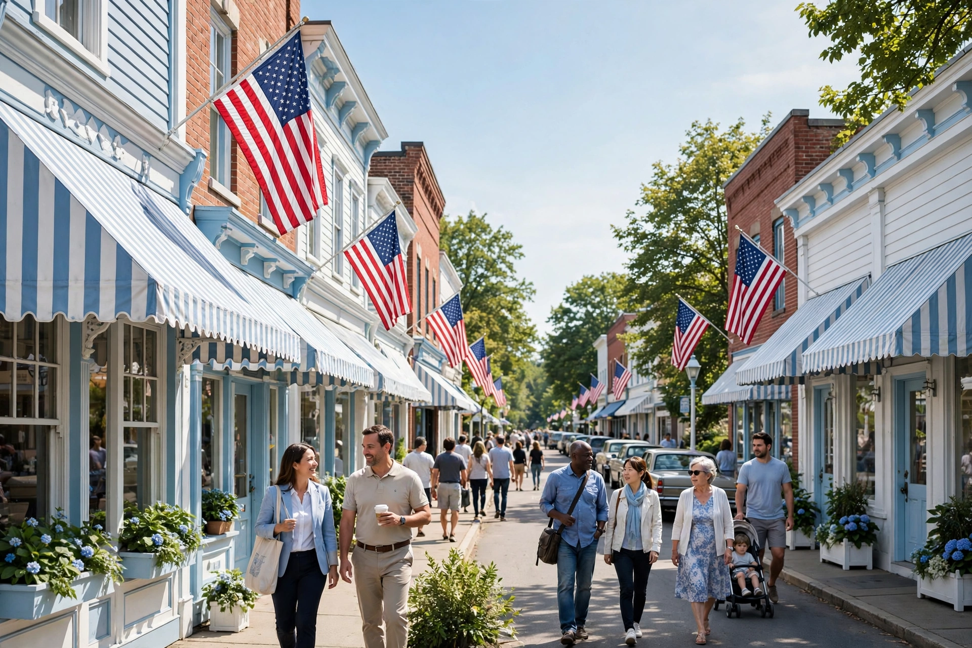 Small-town American main street with flags