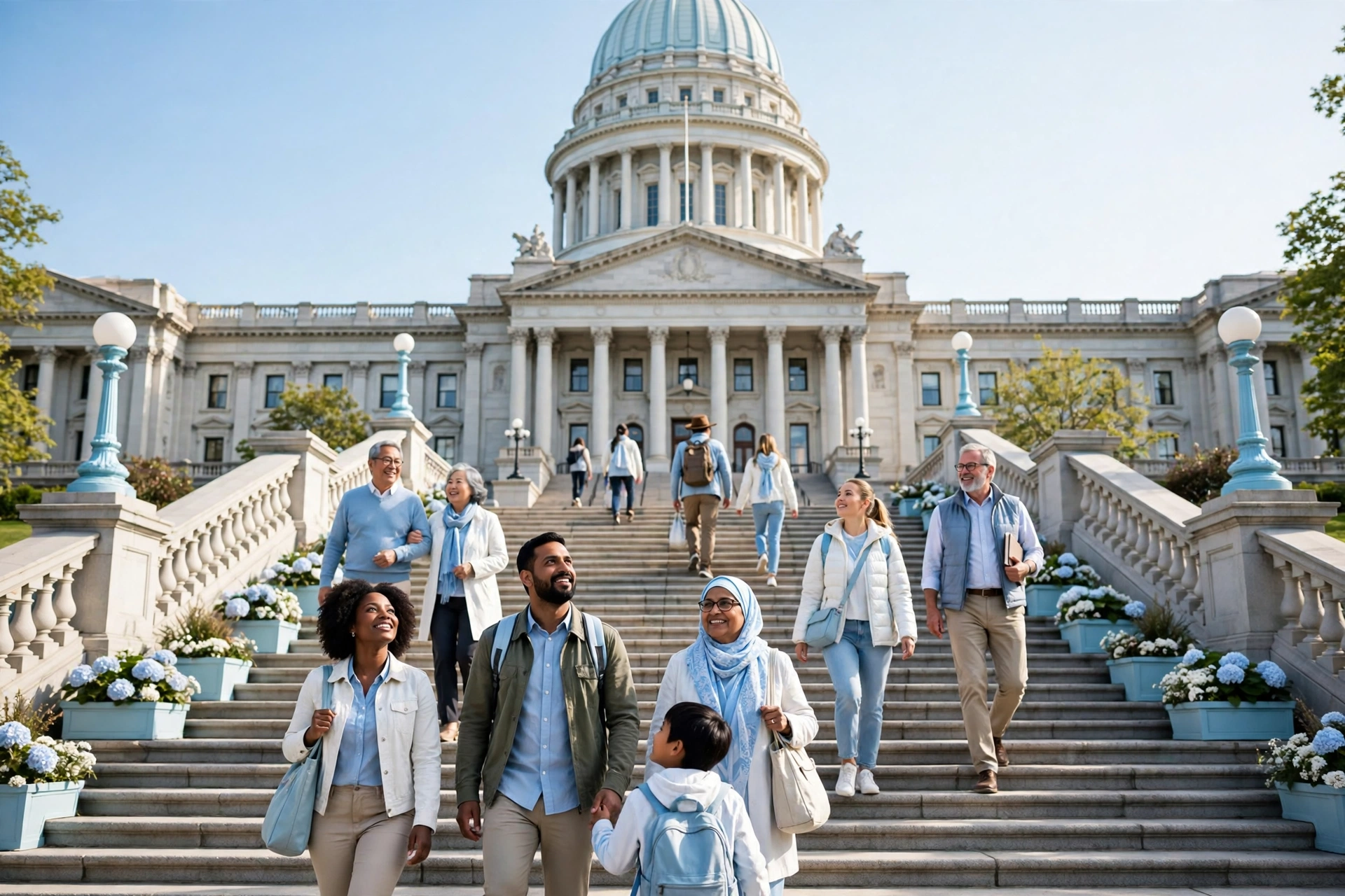 Diverse visitors on the steps of a state capitol building