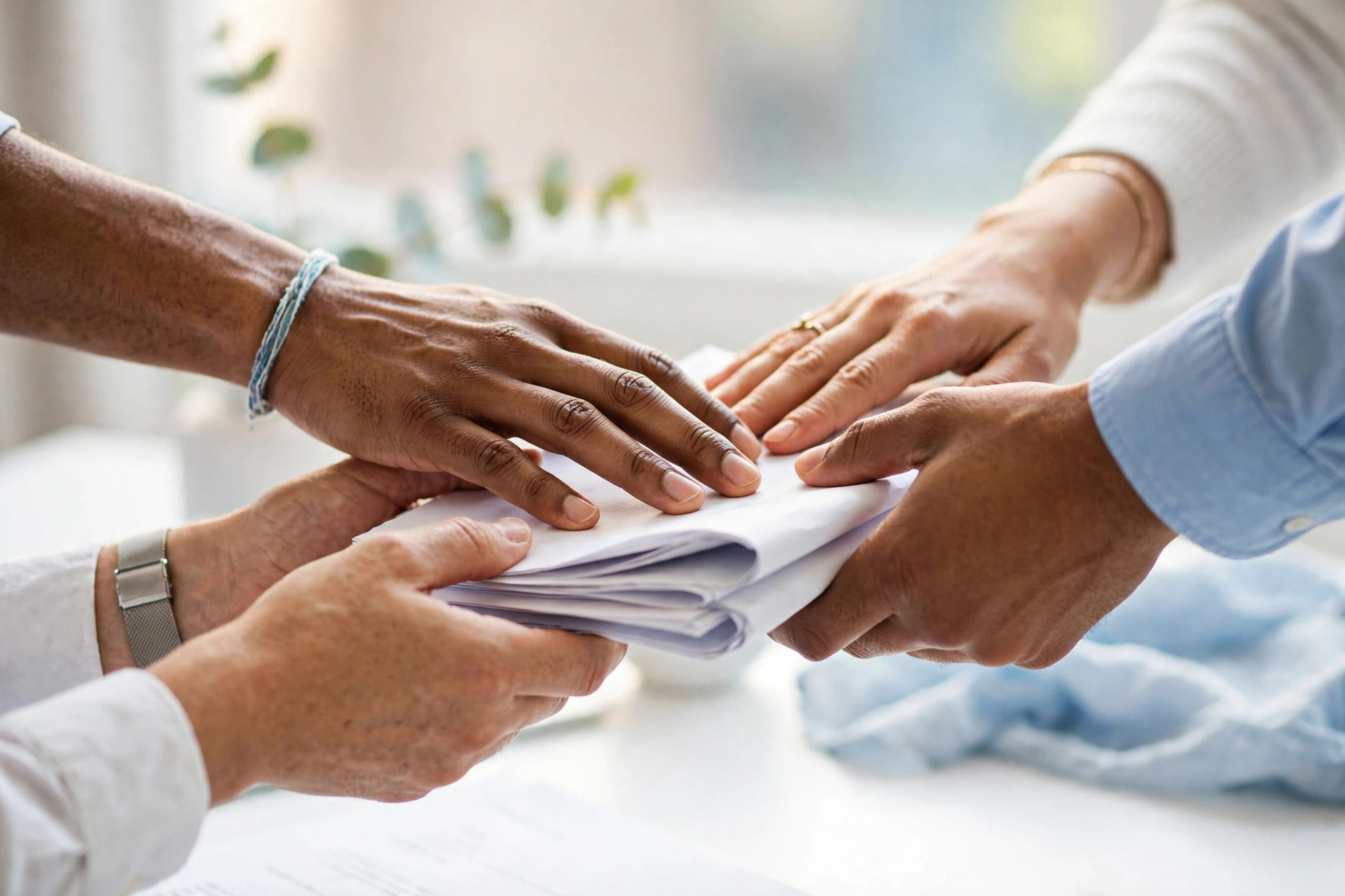 Diverse hands stacking signed documents