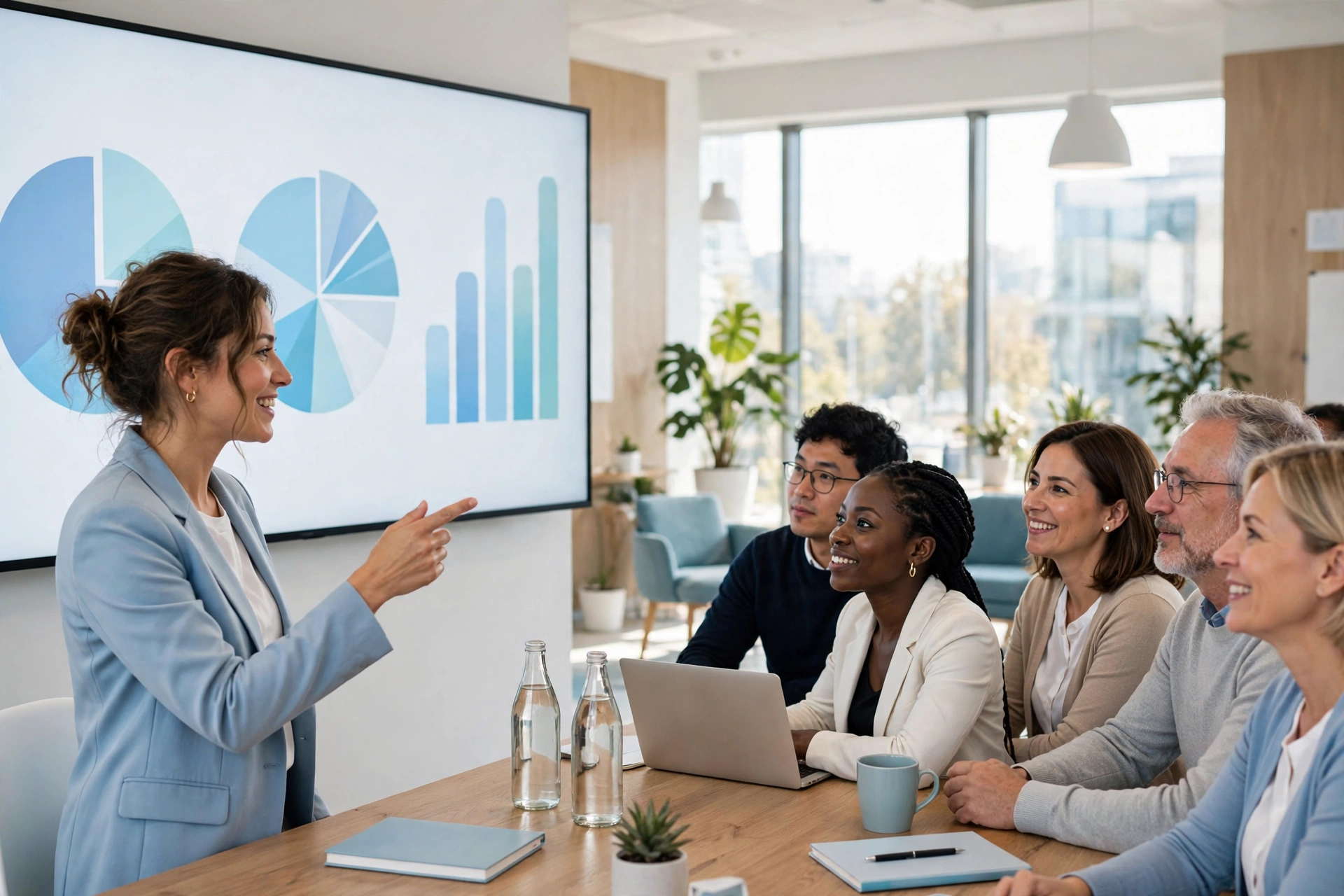 Woman presenting charts to a diverse audience