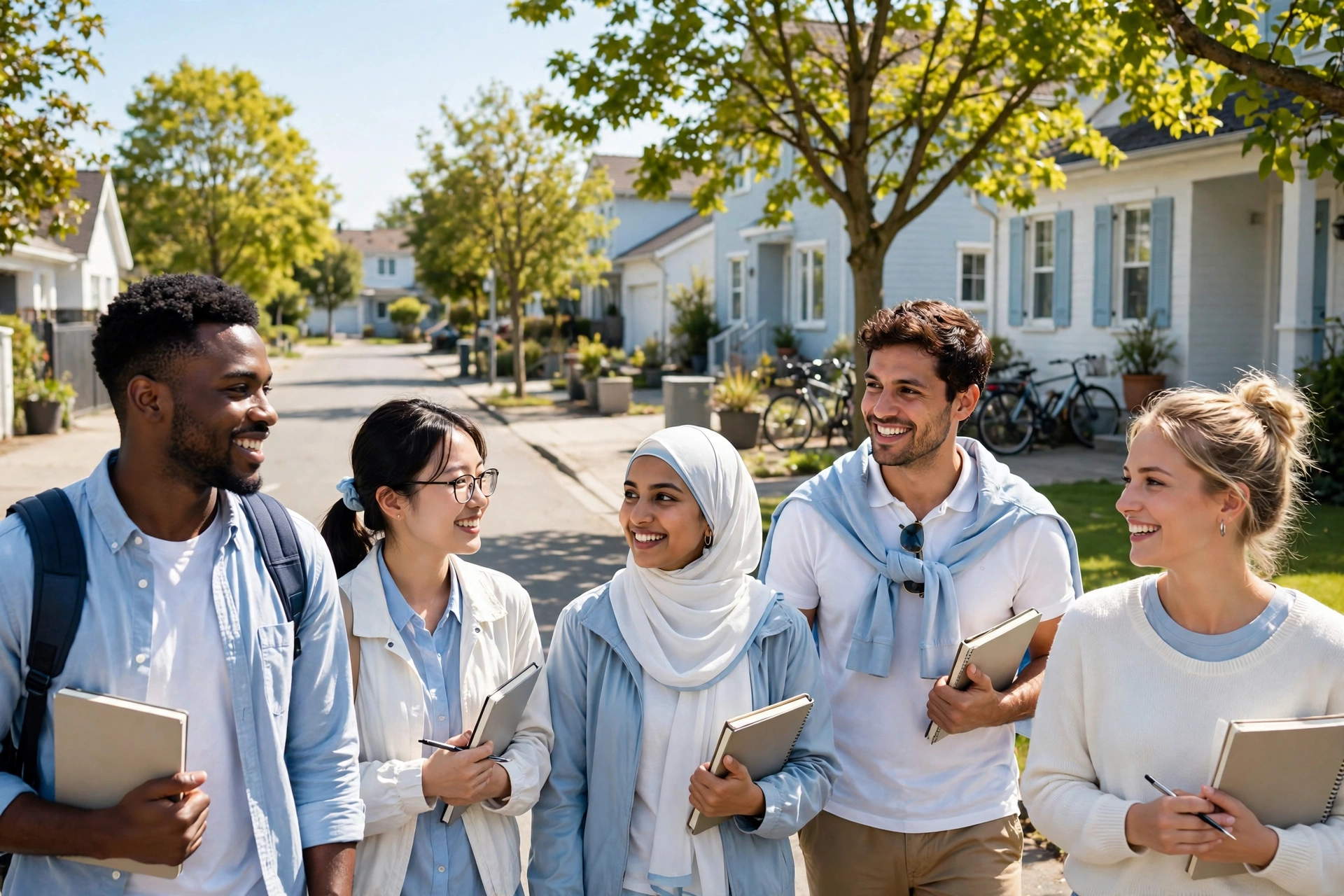 Diverse team walking through a neighborhood with notebooks
