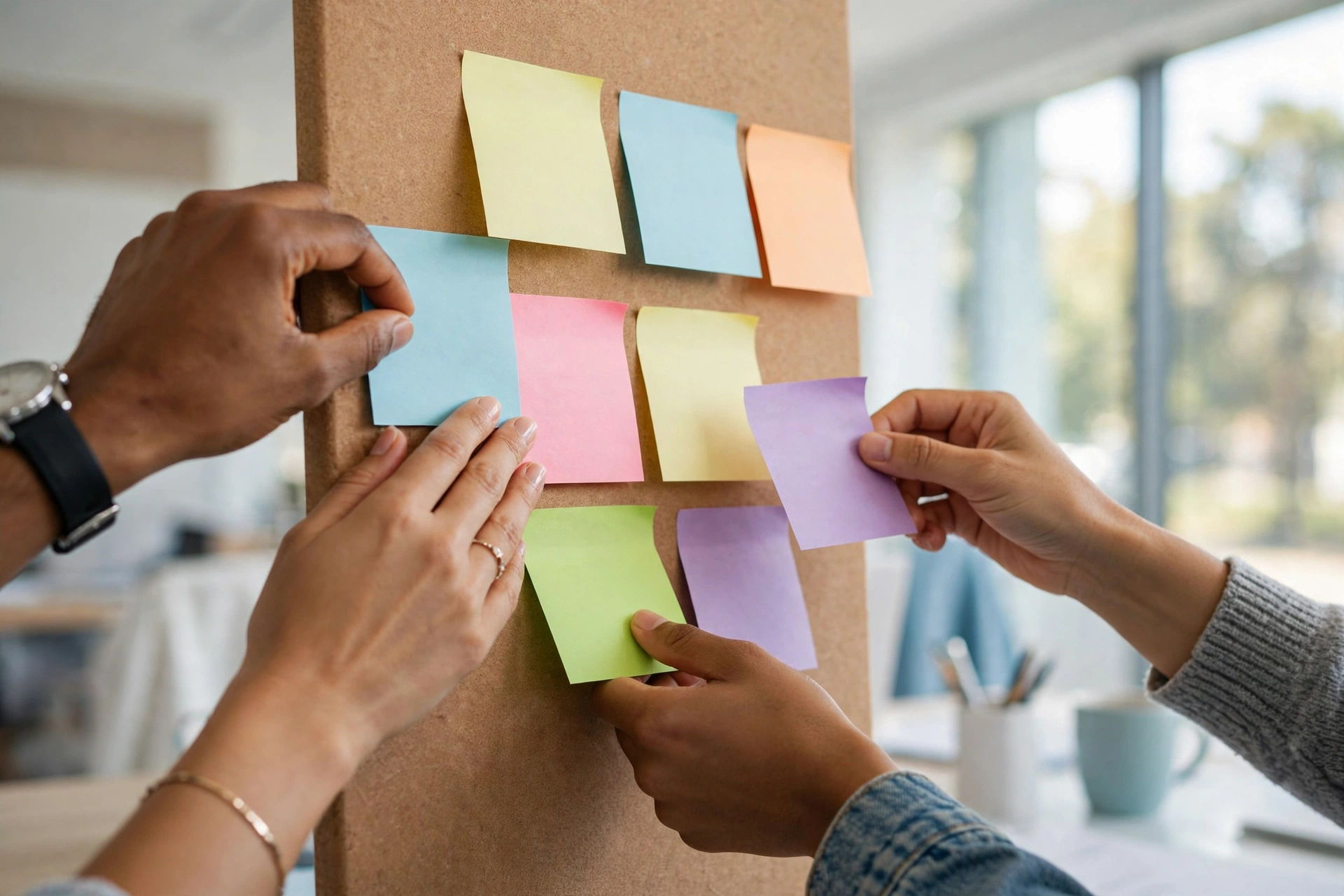 Diverse hands placing sticky notes on a board