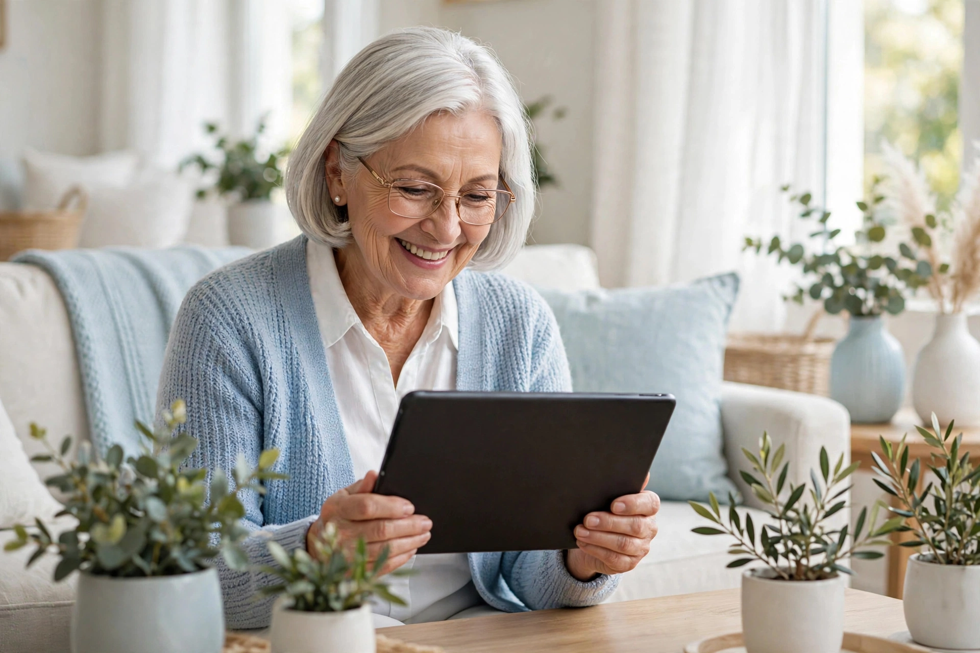 Senior woman smiling at a tablet with large text