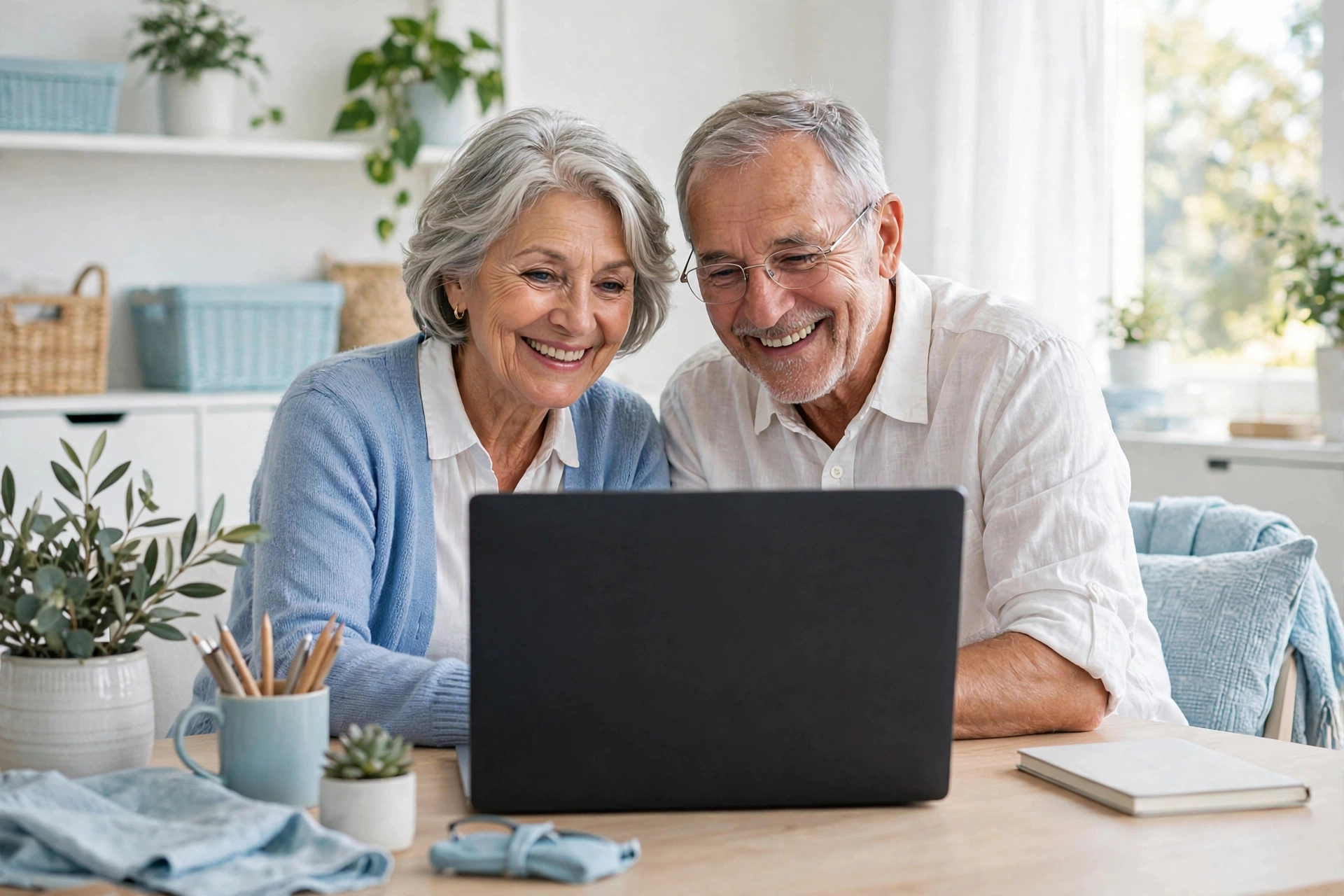 Senior couple at a laptop with a soft shield glow