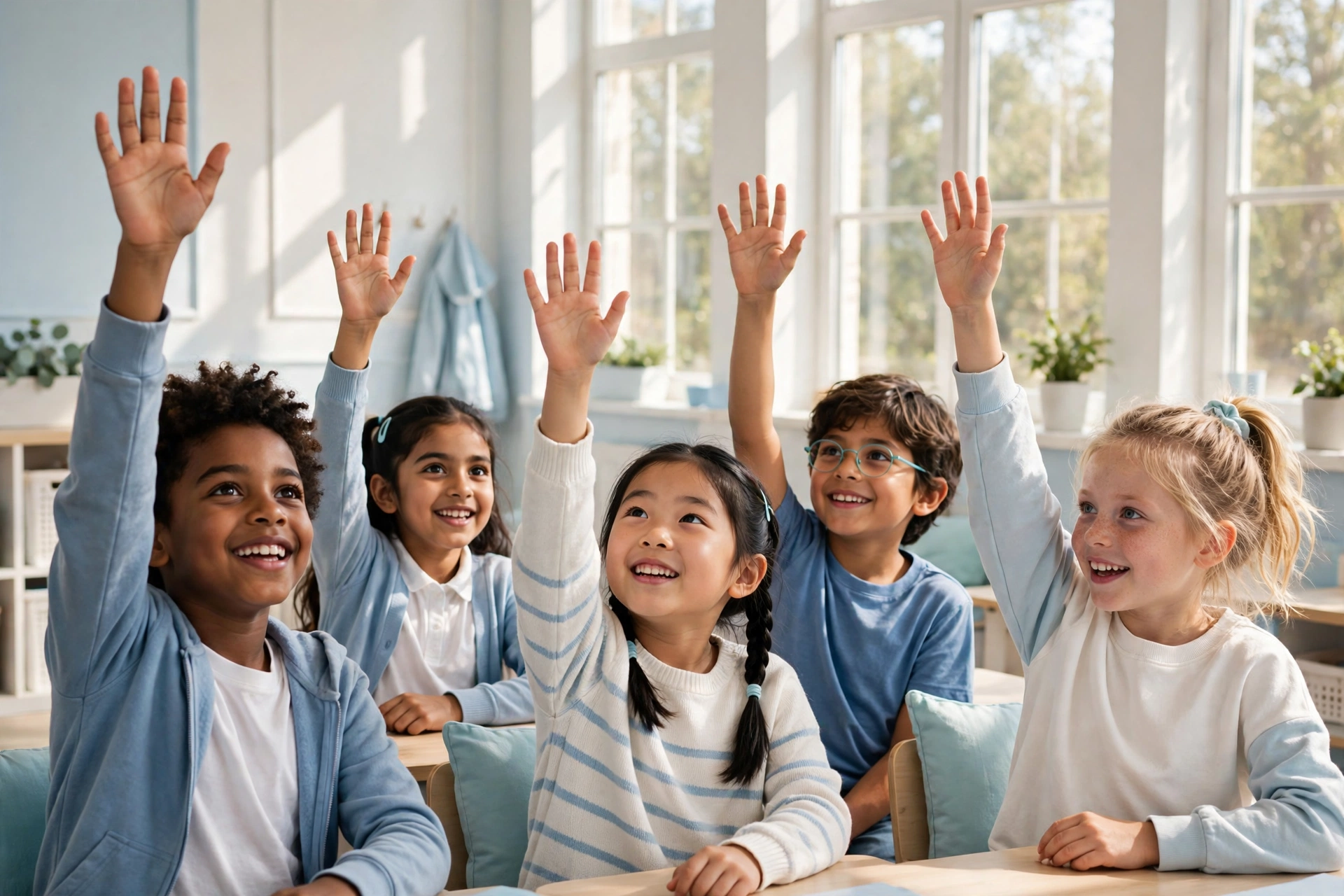 Diverse children raising hands in a bright classroom