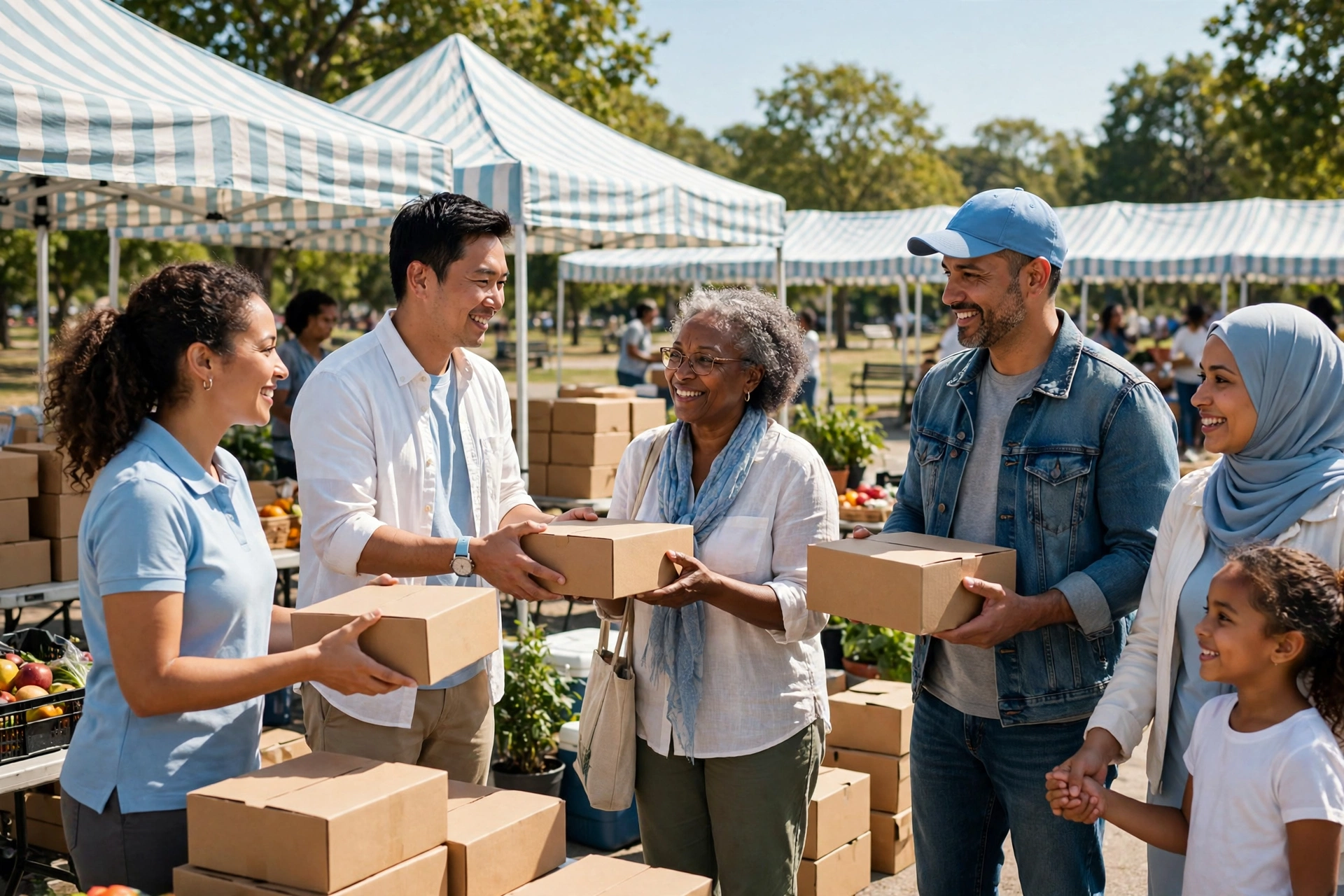 Volunteers handing food boxes to residents at a community event