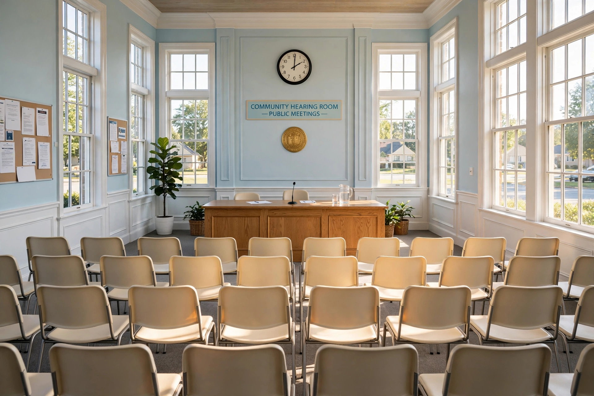 Empty community hearing room with a wall clock showing 2 PM