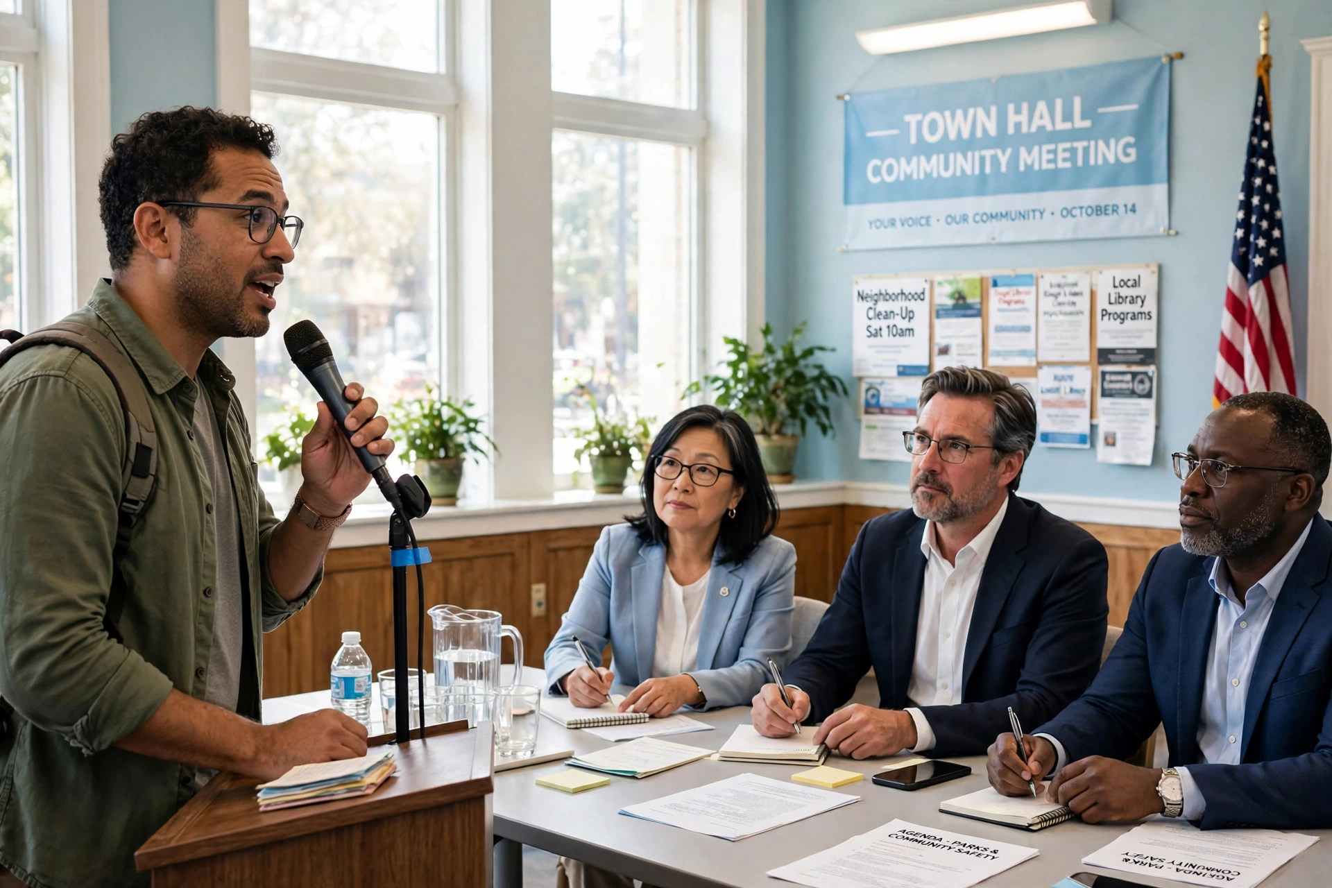 Resident speaking into a microphone at a town hall while officials listen
