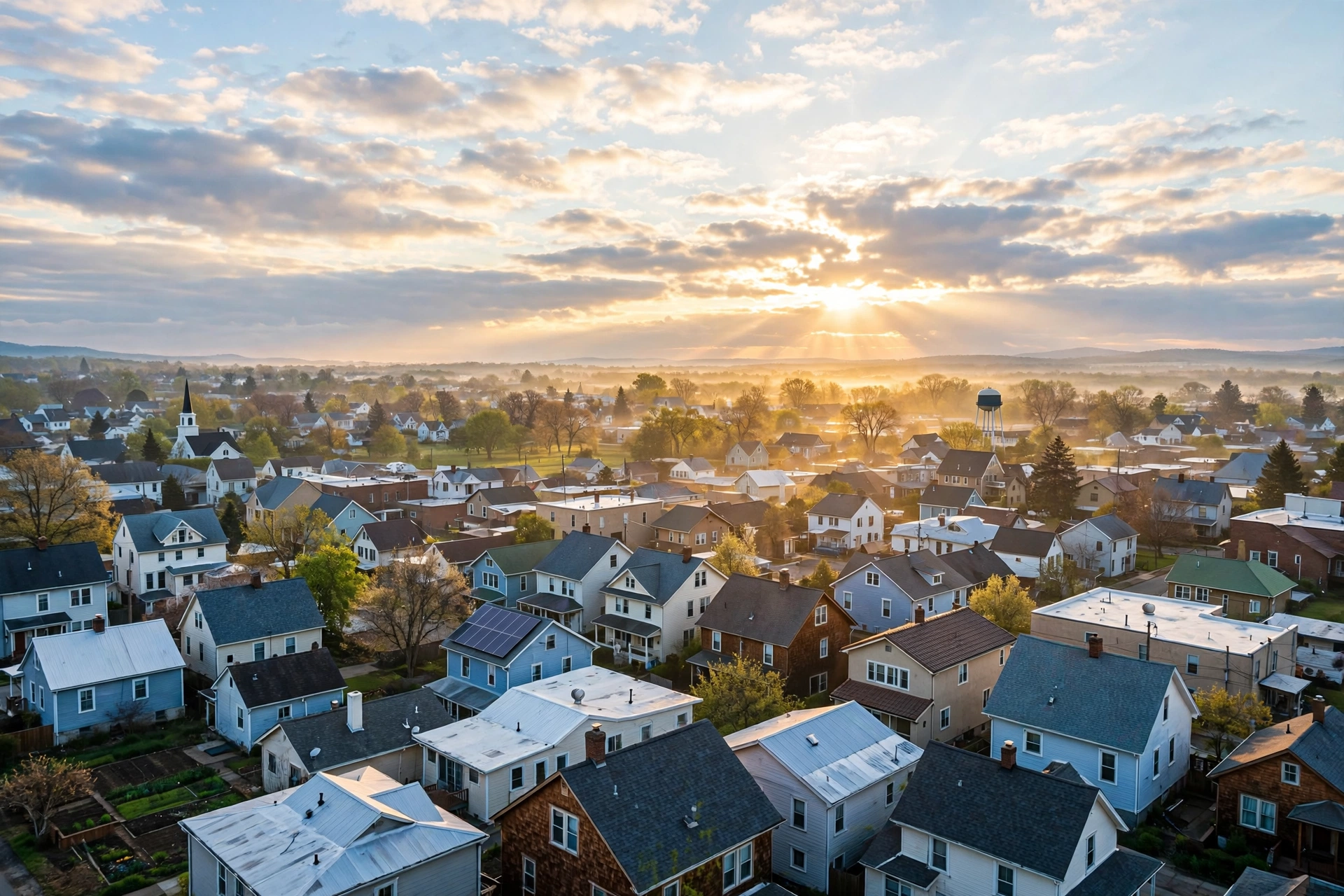 Sunrise over diverse neighborhood rooftops