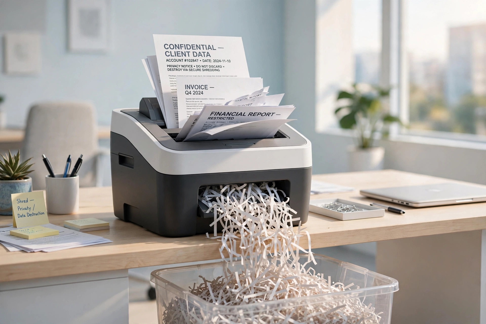 Paper documents going into an office shredder