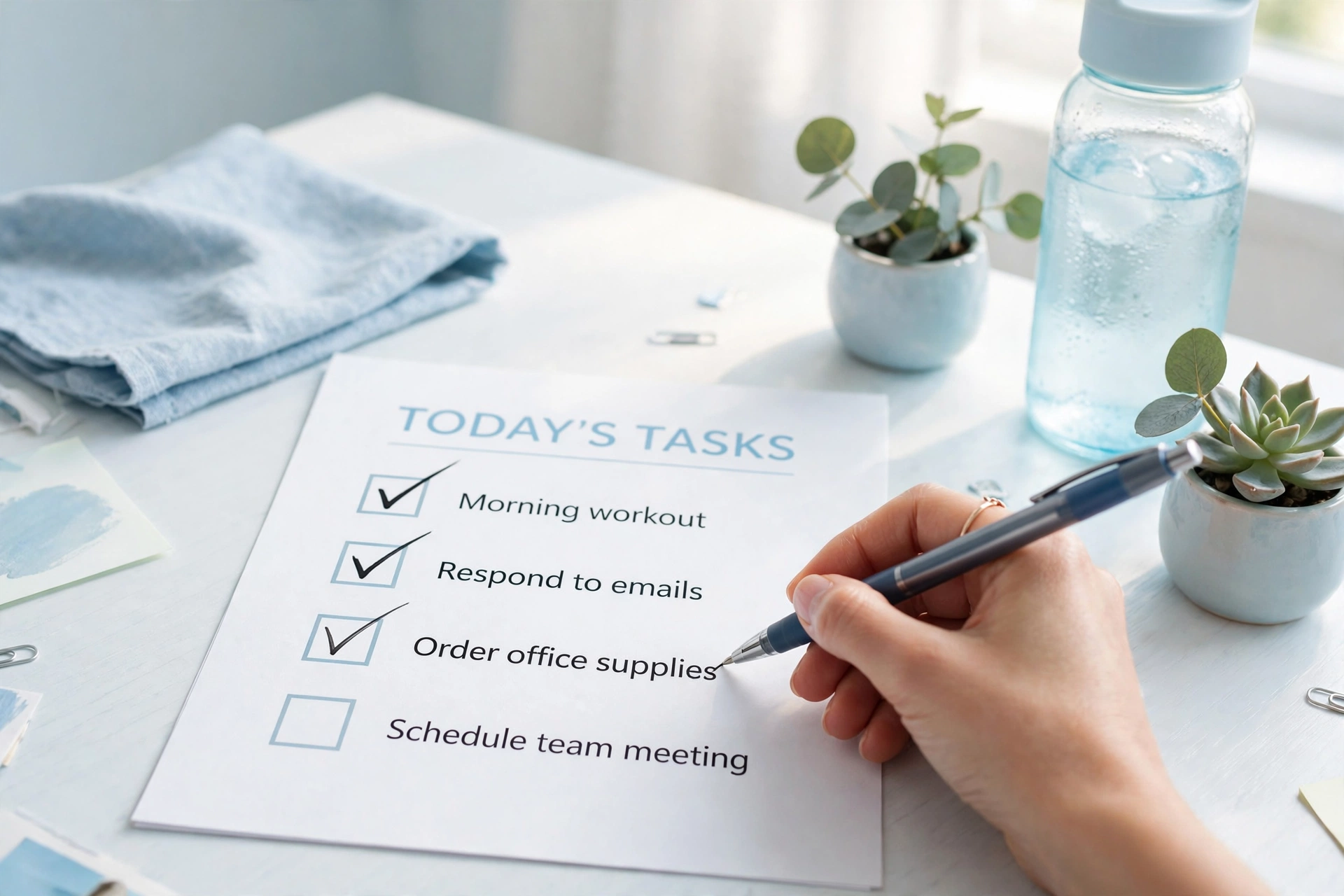 Hand checking off a short paper checklist