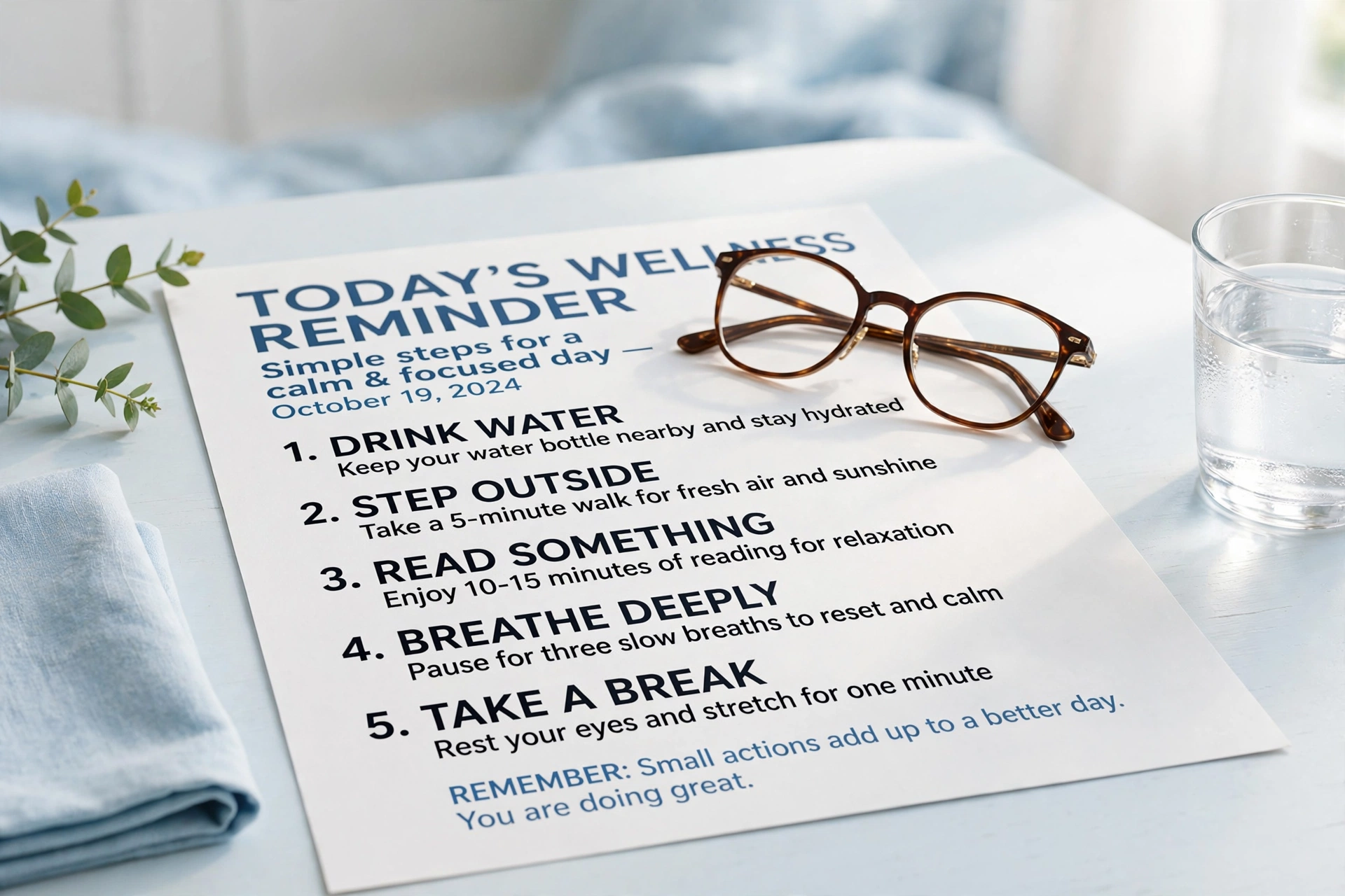 Reading glasses resting on a large-print document