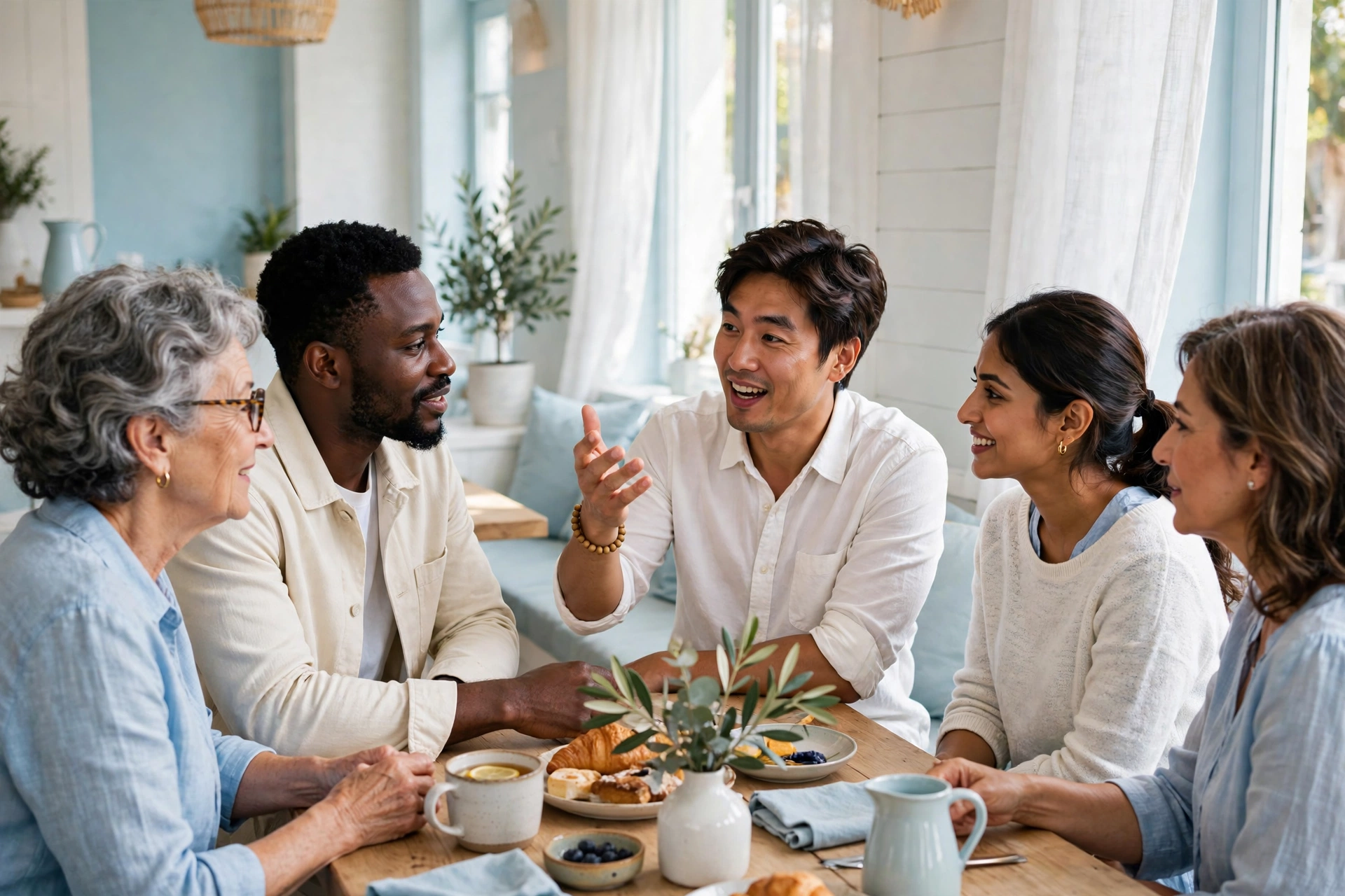 Diverse group of people in discussion around a table