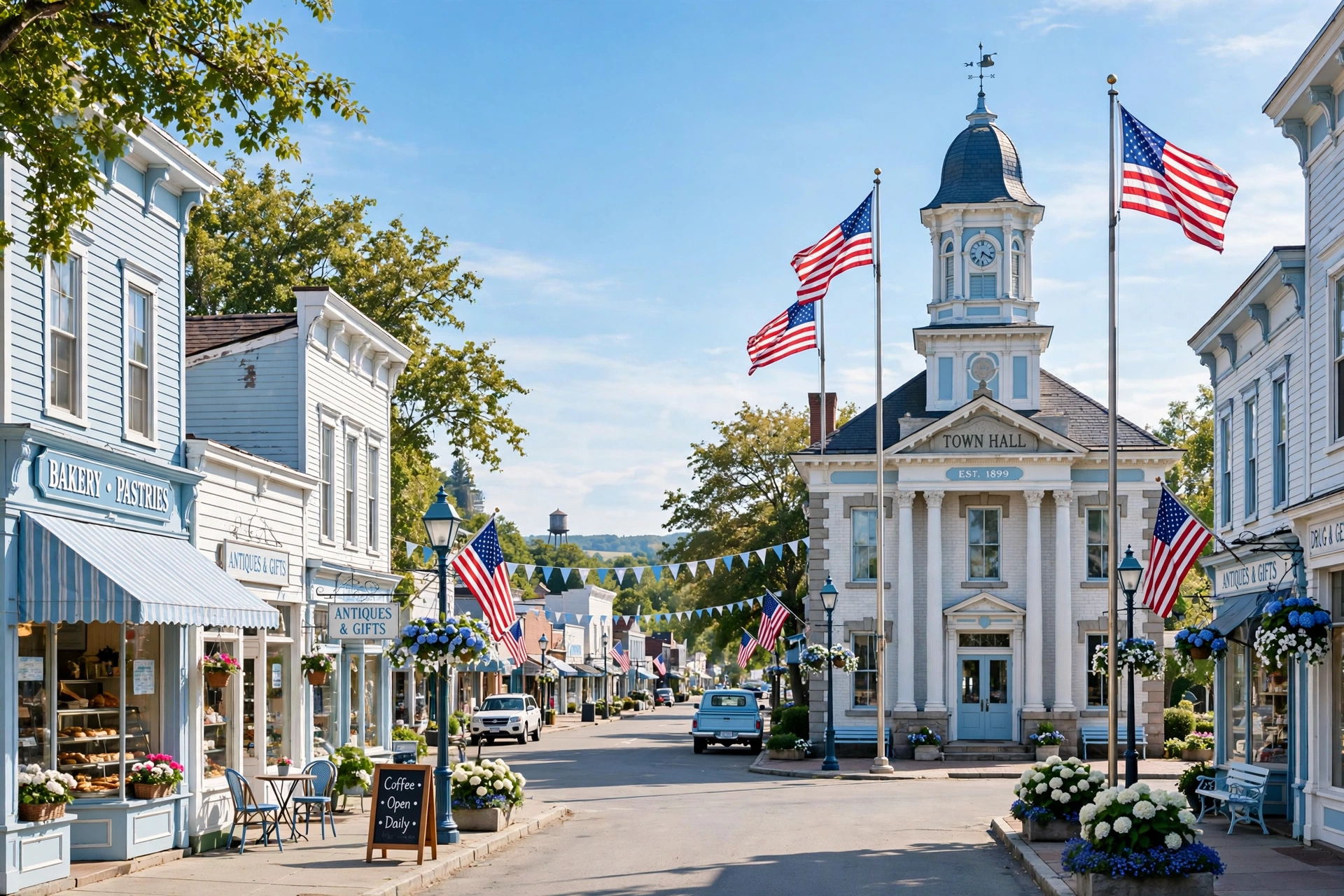 Sunny small-town main street with a town hall building